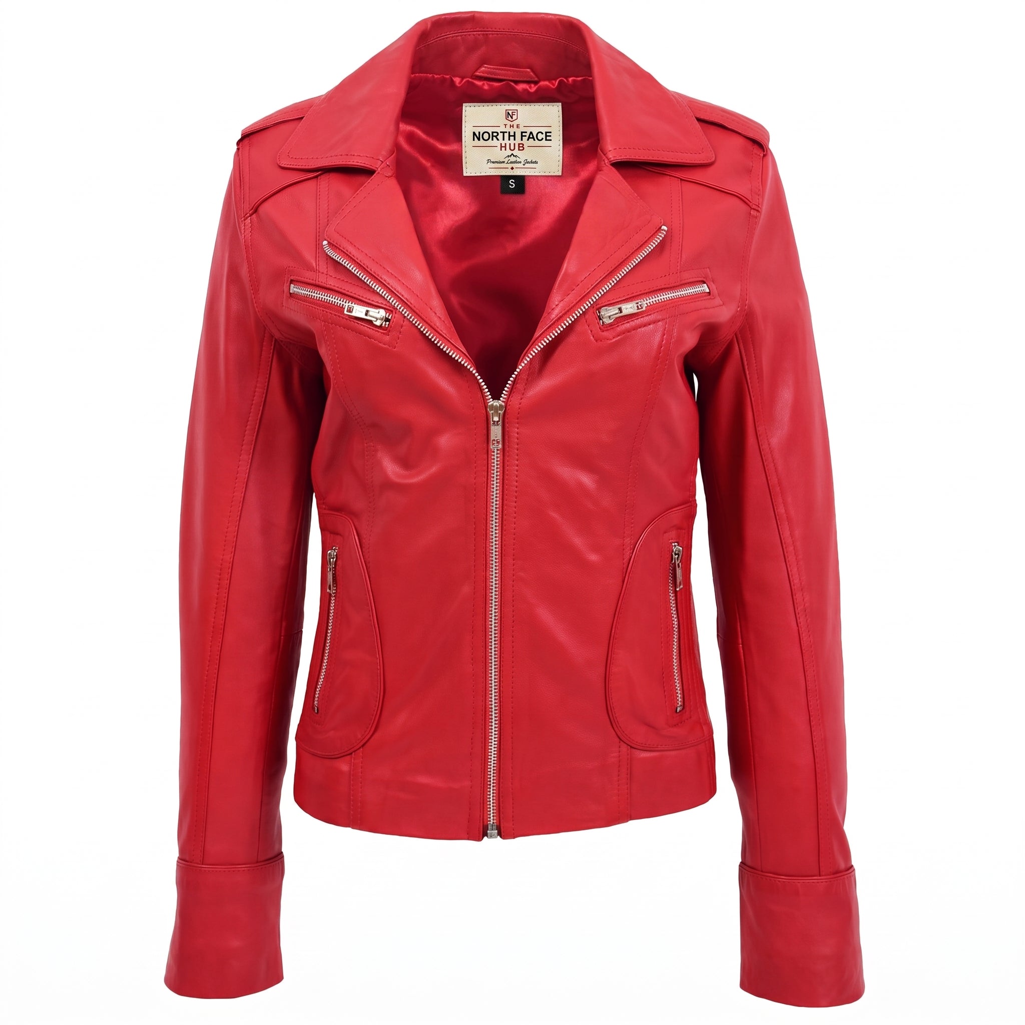 Womens Leather Fitted Biker Style Jacket Kim Ignite Red