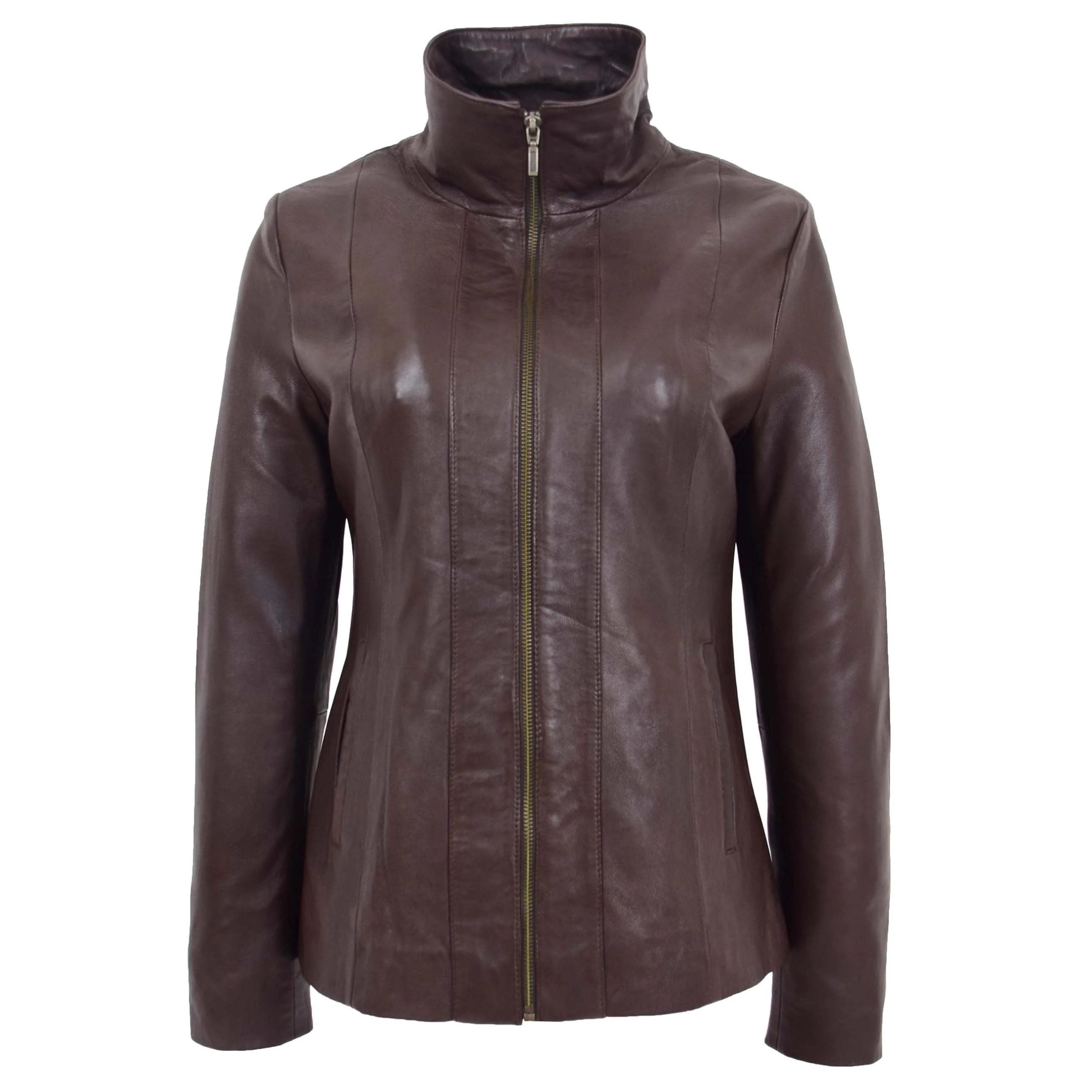 Womens Classic Zip Fastening Leather Jacket Julia Zenith Brown