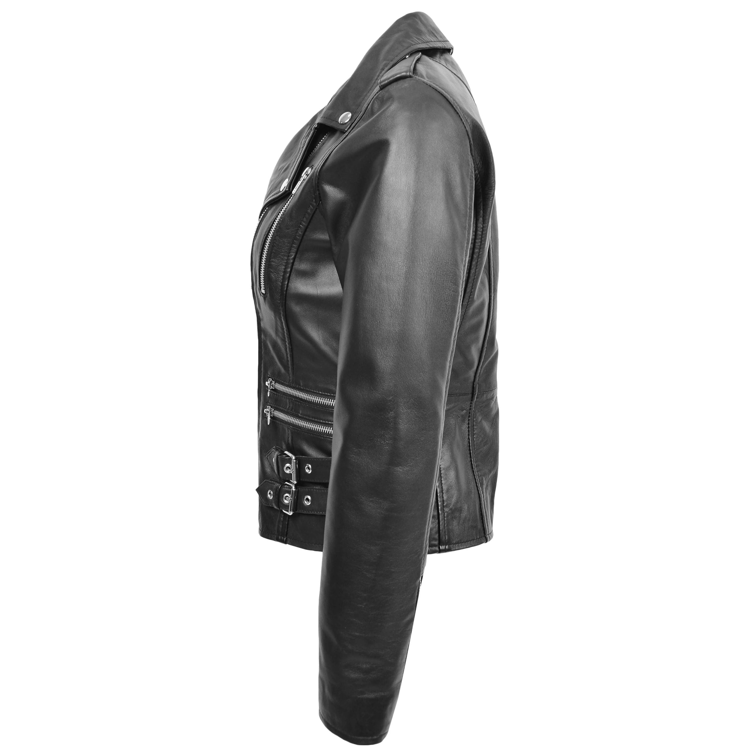 Womens Cross Zip Biker Leather Jacket Claudia Nova Black