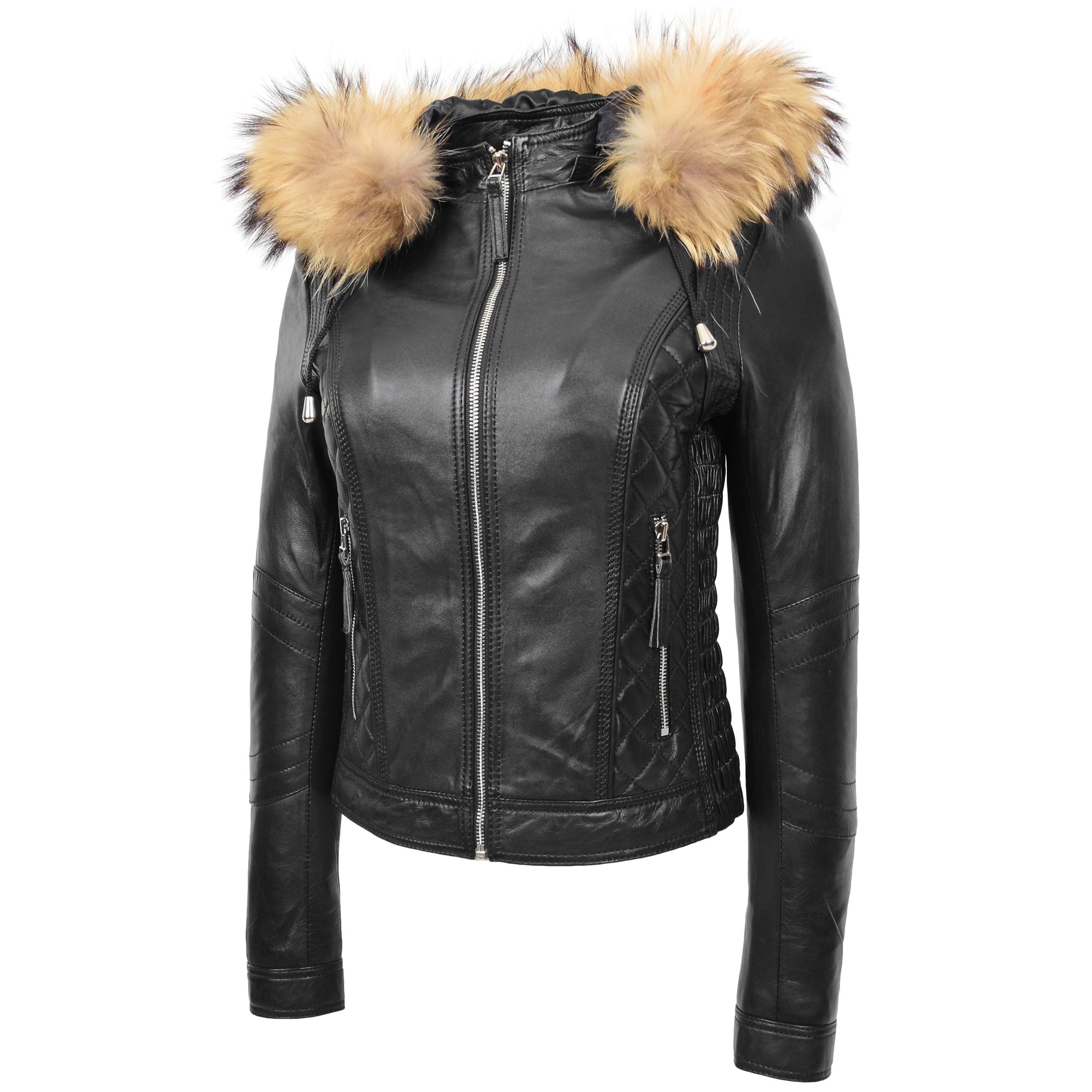 Womens Detachable Hoodie Biker Leather Jacket Lily Nova Black