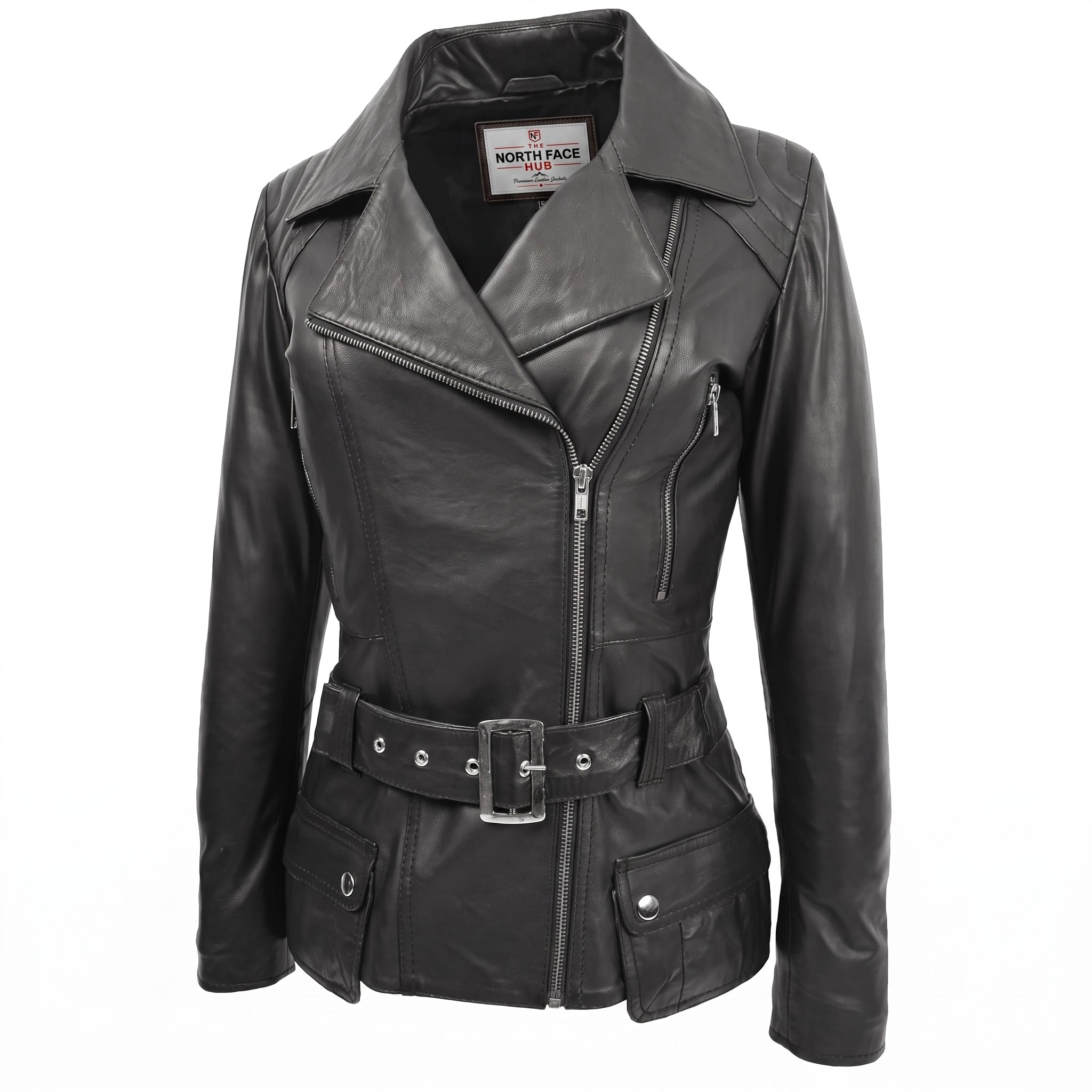Womens Leather Hip Length Biker Jacket Celia Nova Black