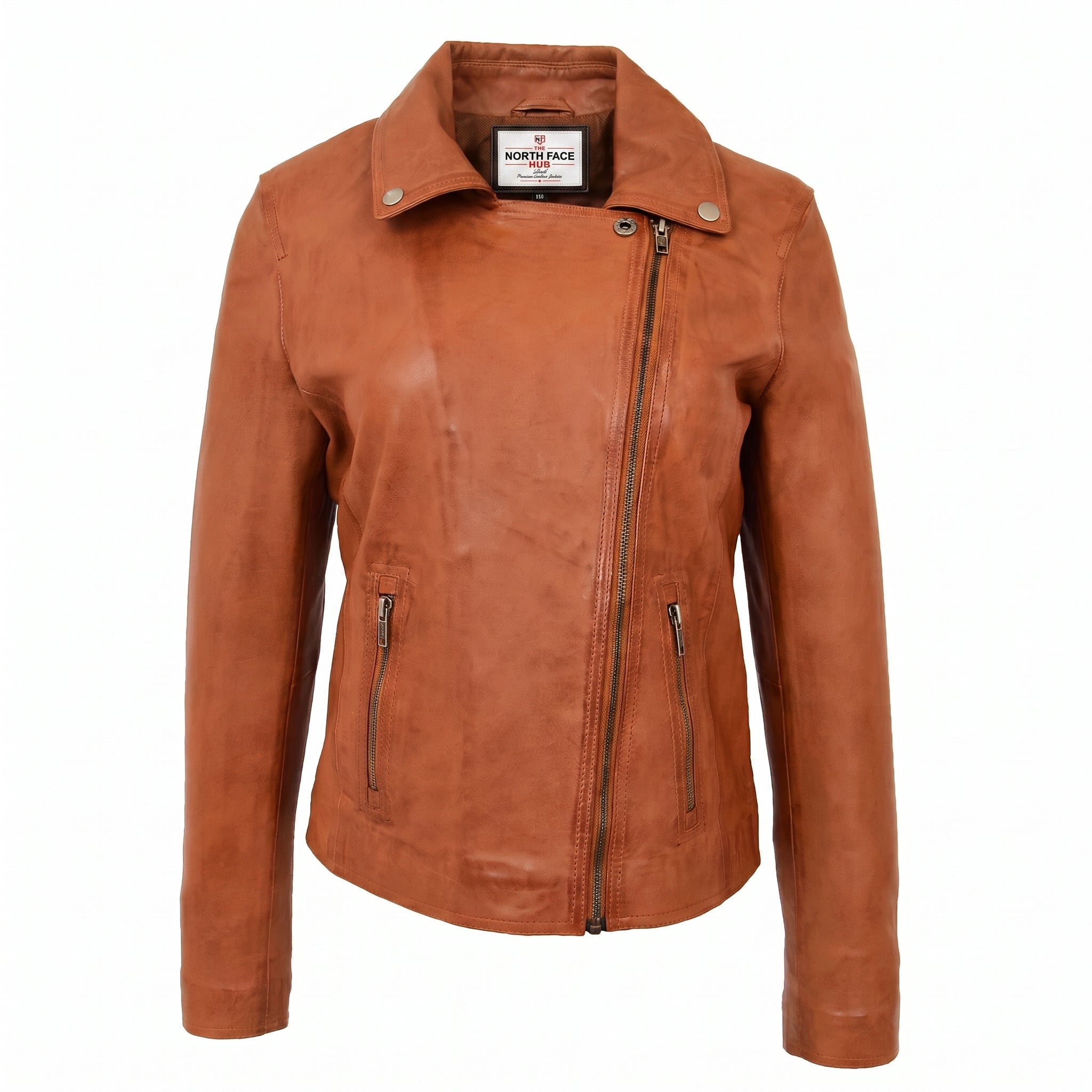 Womens Soft Leather Cross Zip Biker Jacket Lola Dynamo Tan