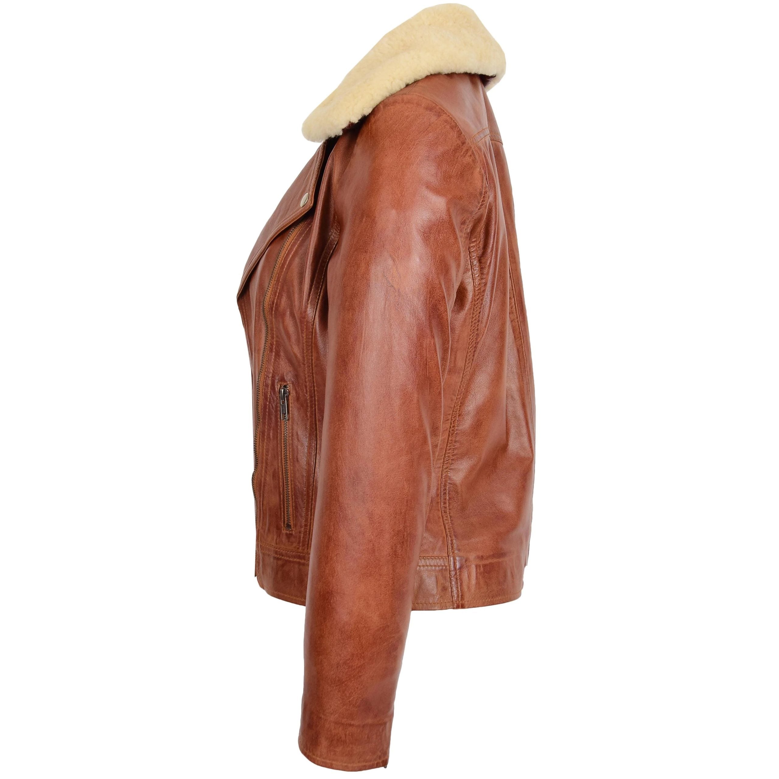 Womens Leather Biker Jacket with Detachable Collar Charmed Chestnut
