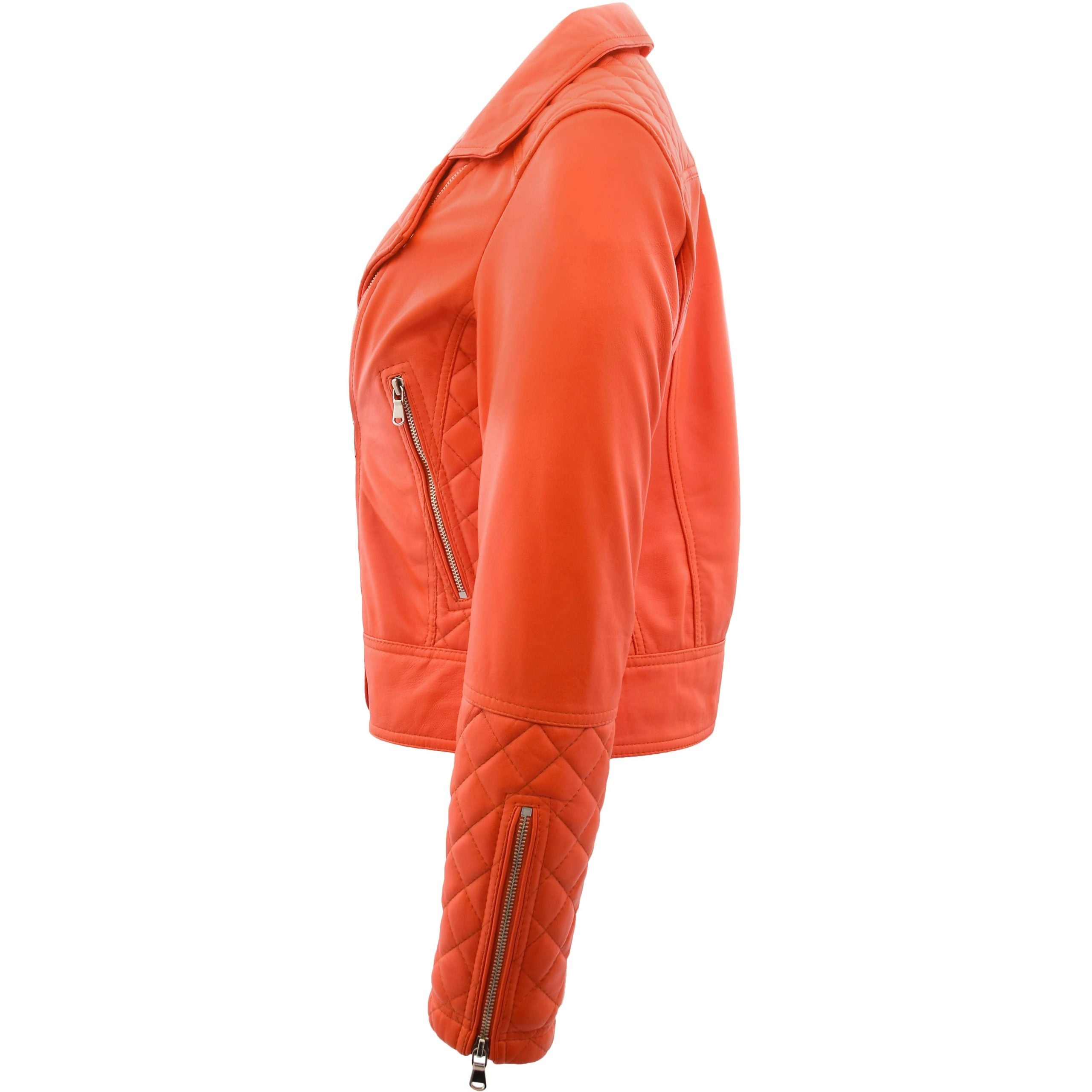 Womens Leather Biker Jacket with Quilt Detail Blissful Orange