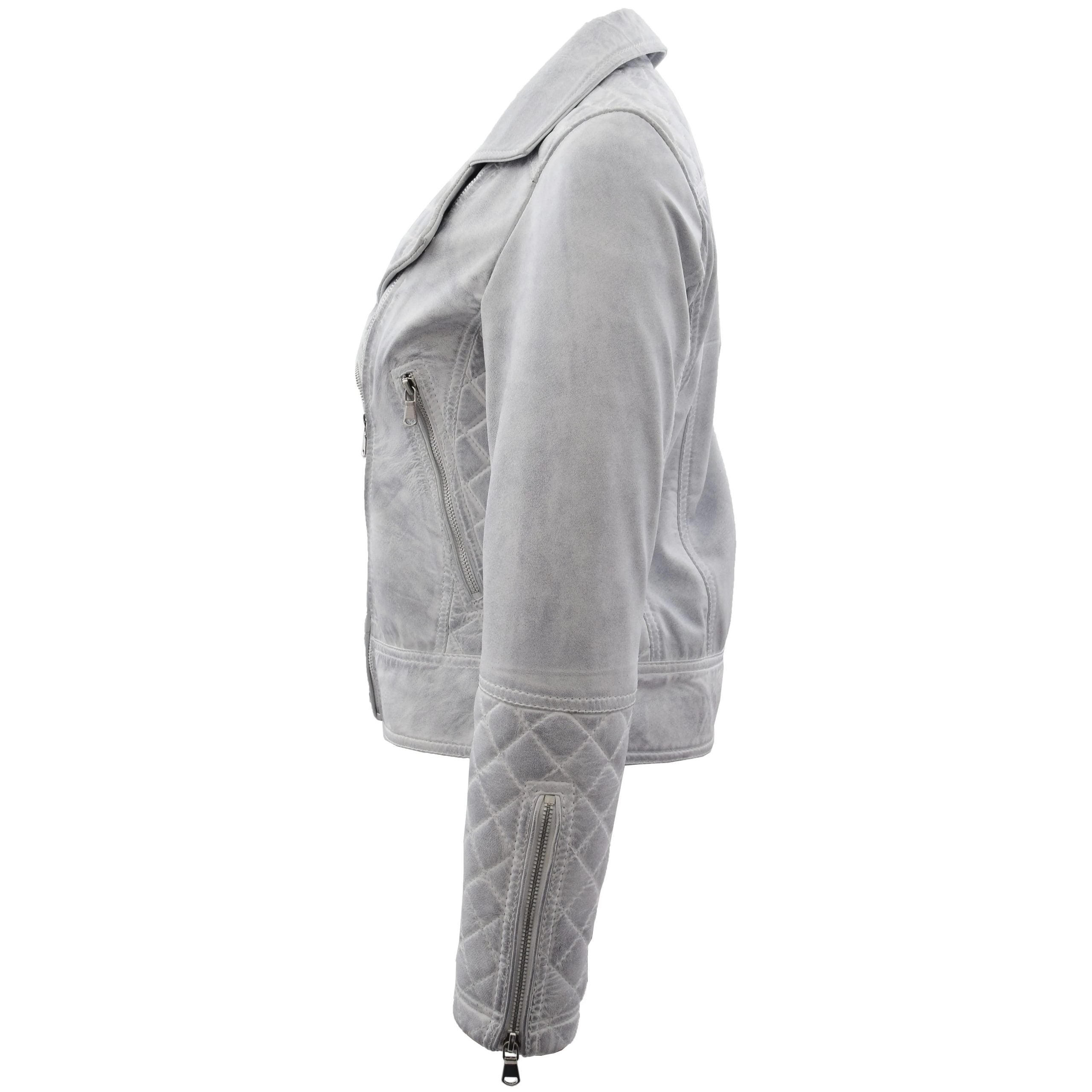 Womens Leather Biker Jacket with Quilt Detail Vintage Astral White