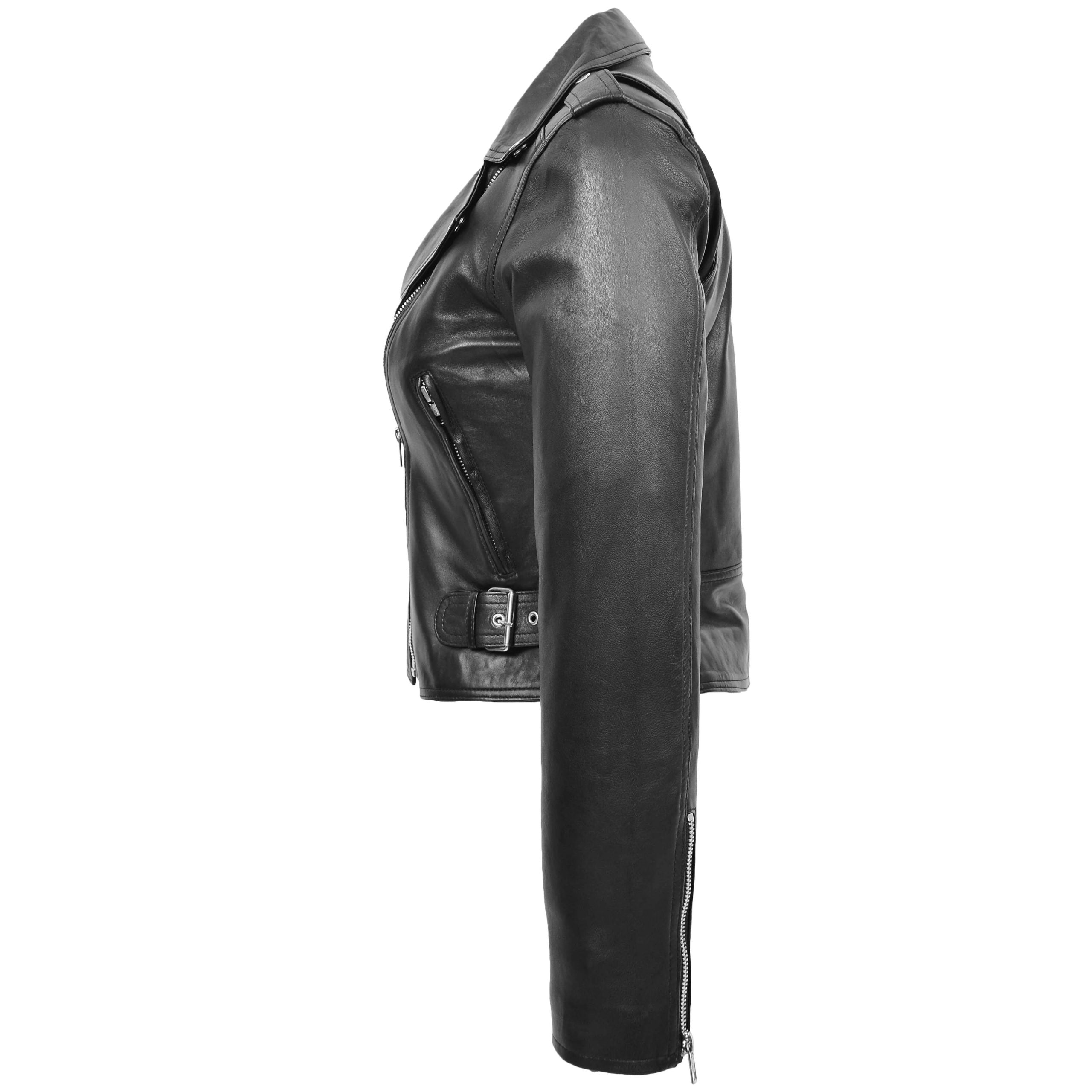 Womens Leather Biker Style Emma Cross Zip Jacket Nova Black