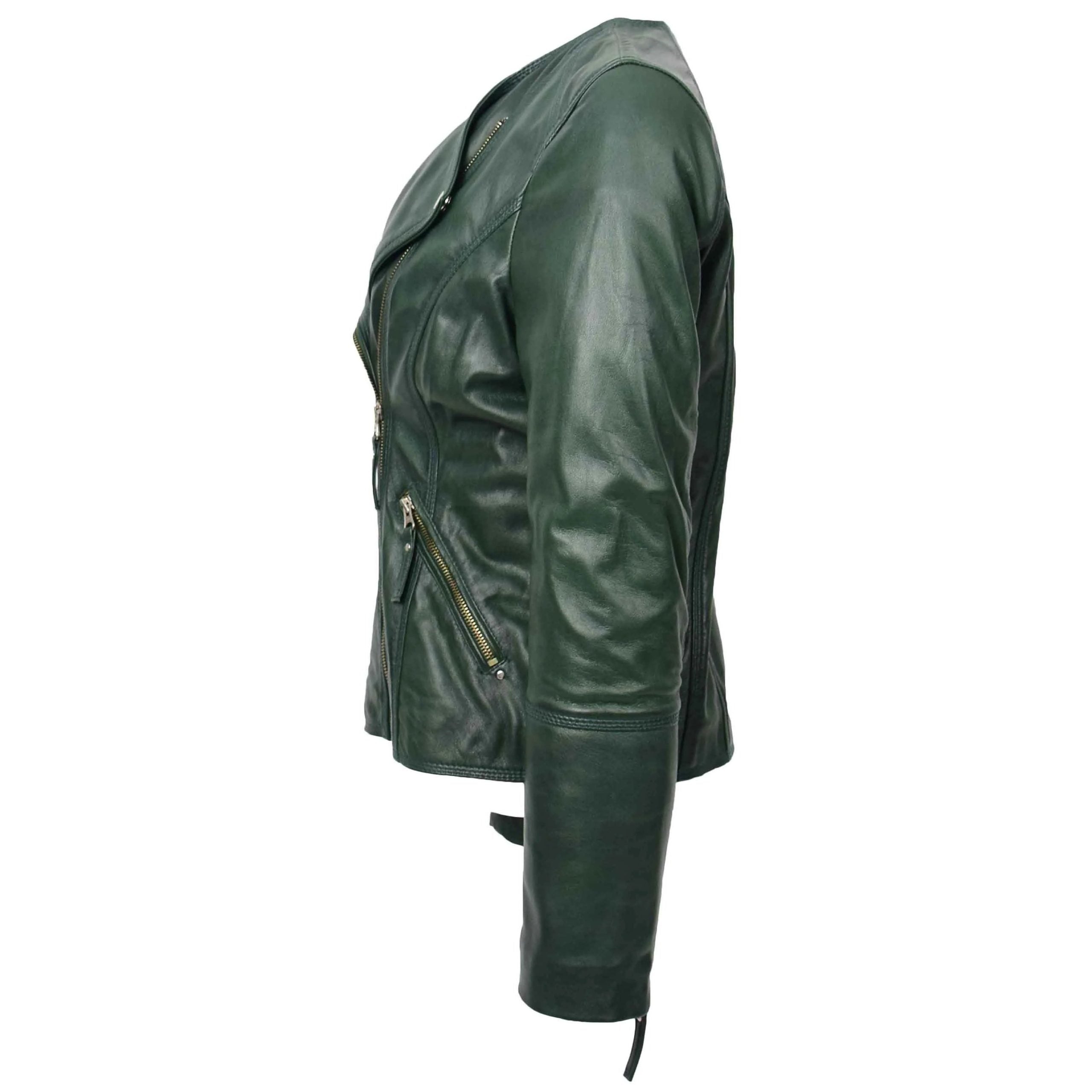 Womens Leather Casual Biker Jacket Shelly Cross Zip Aurora Green