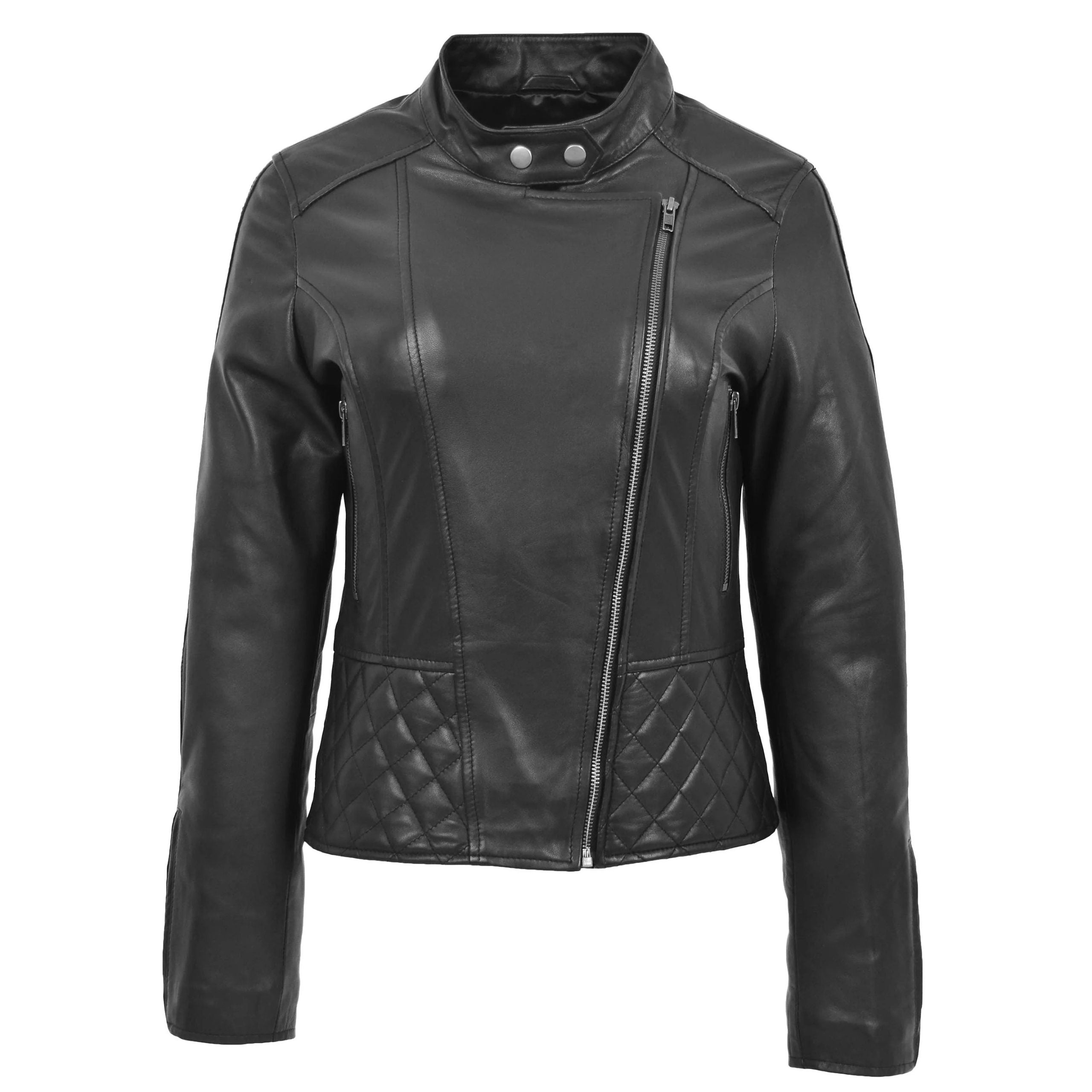 Womens Leather Stand-Up Collar Biker Jacket Laura Nova Black
