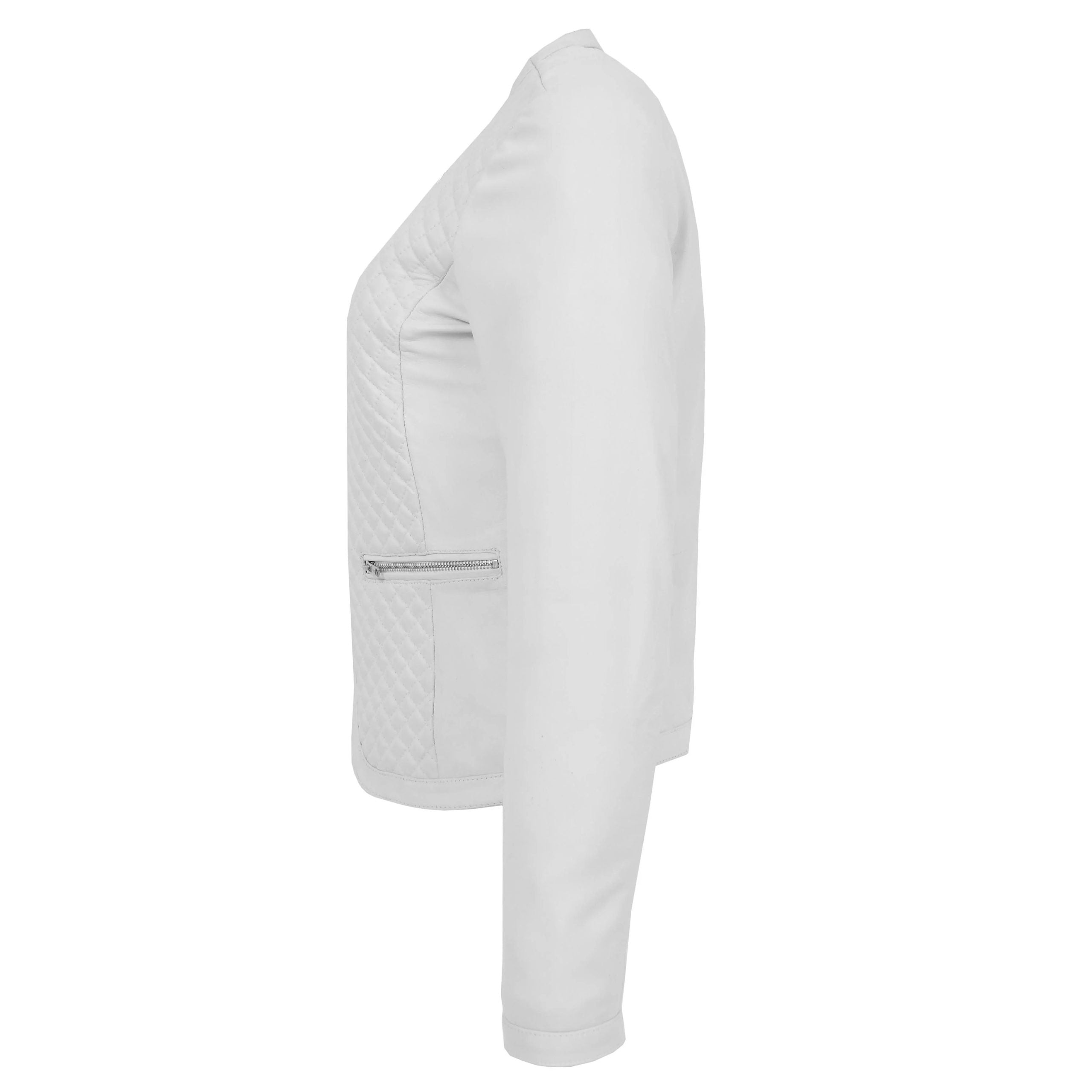 Womens Leather Collarless Jacket with Quilt Design Joan Astral White