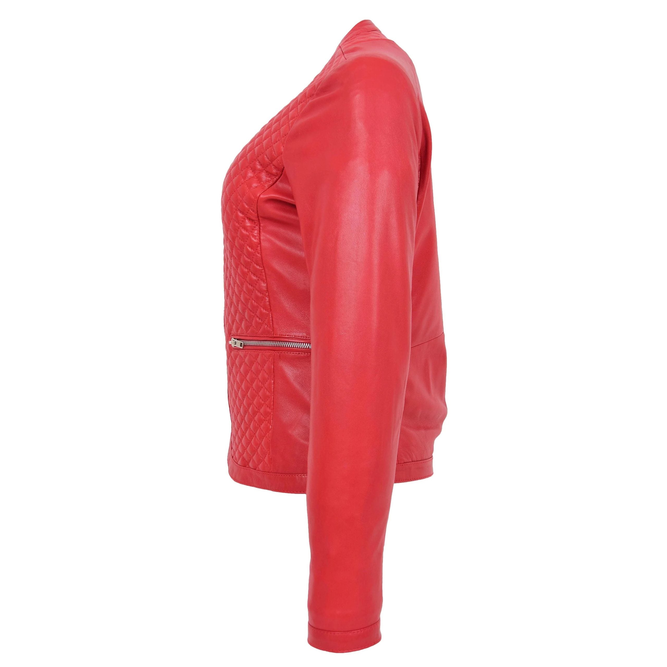 Womens Leather Collarless Jacket with Quilt Design Joan Ignite Red