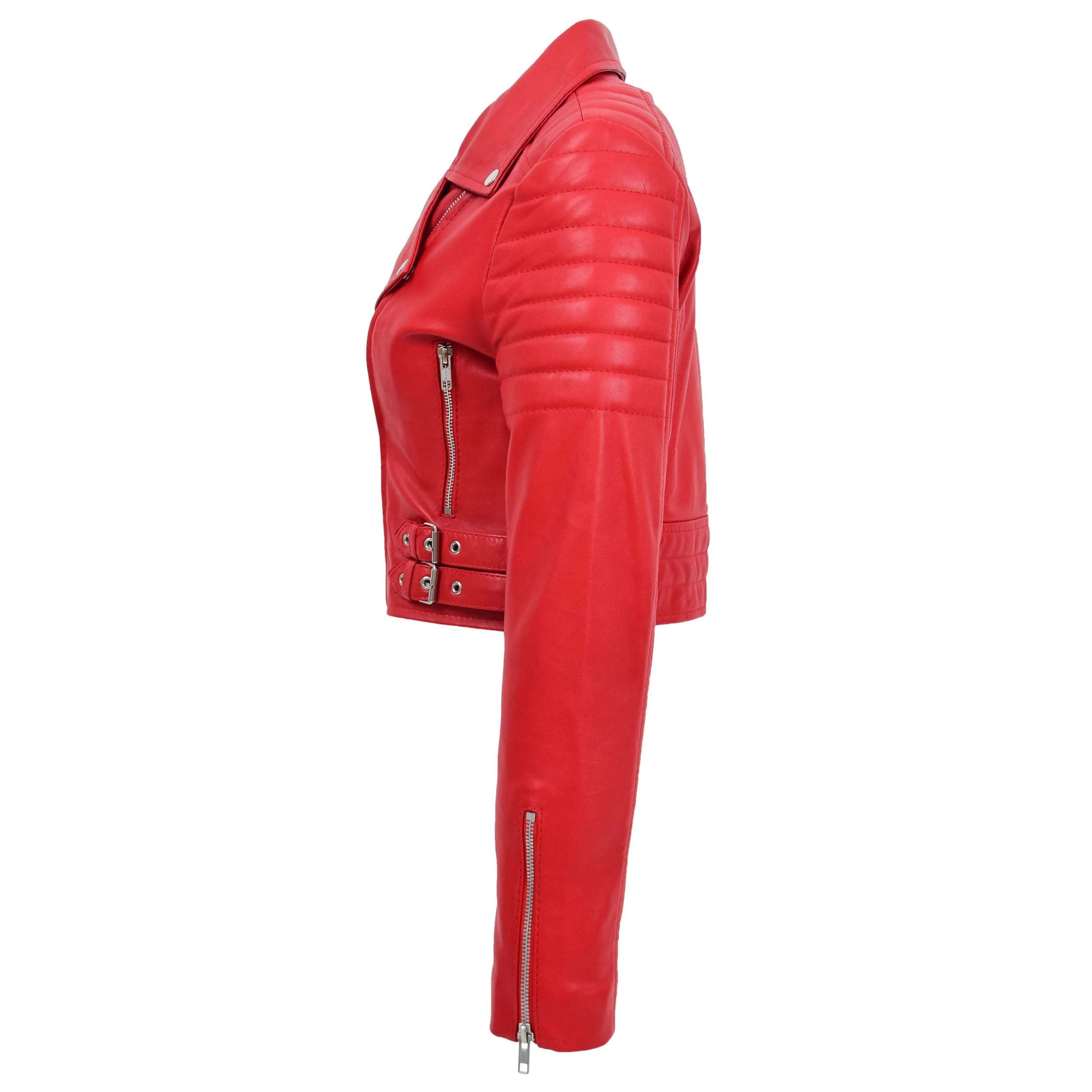 Womens Leather Cropped Biker Style Jacket Demi Ignite Red