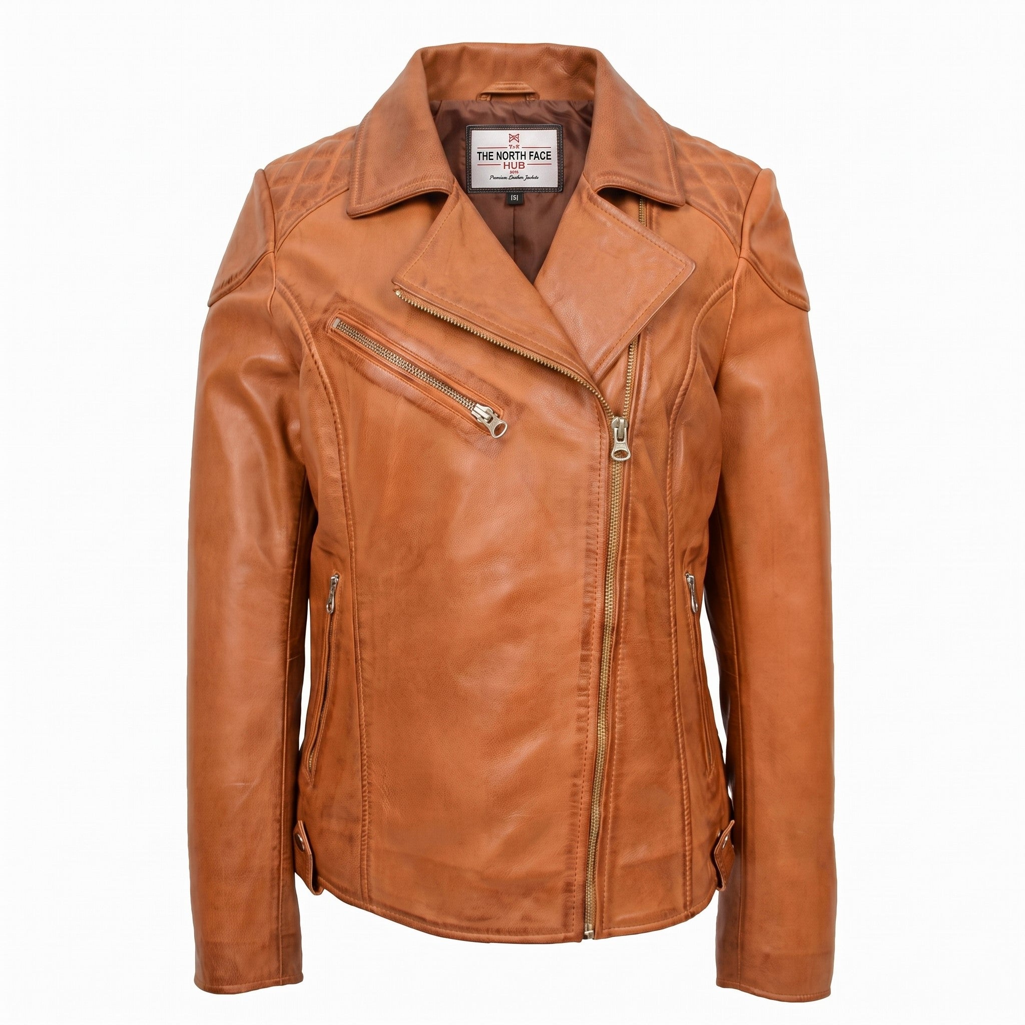 Womens Real Leather Biker Jacket Cross Zip Pockets Cherry Dynamo Tan
