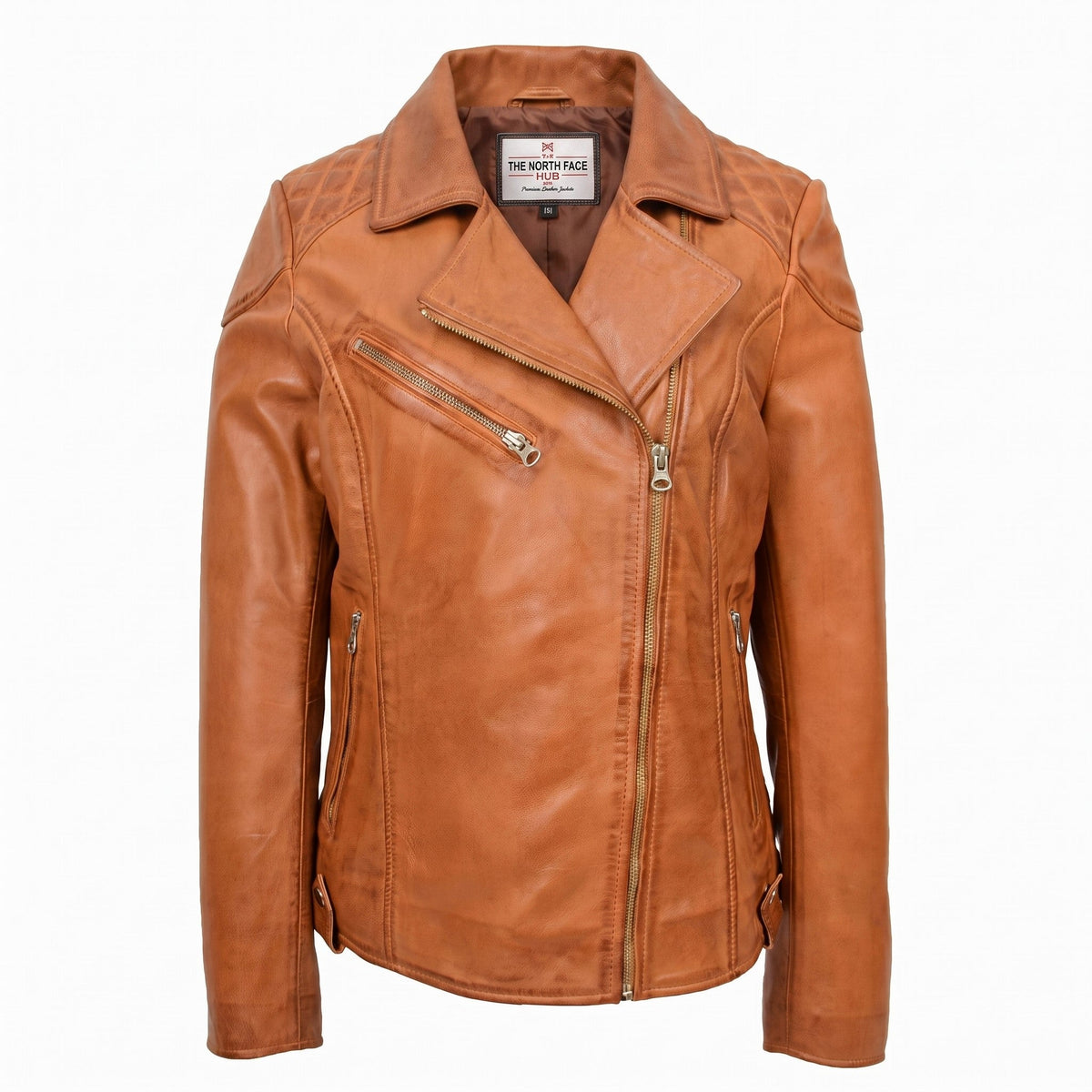 Womens Real Leather Biker Jacket Cross Zip Pockets Cherry Dynamo Tan