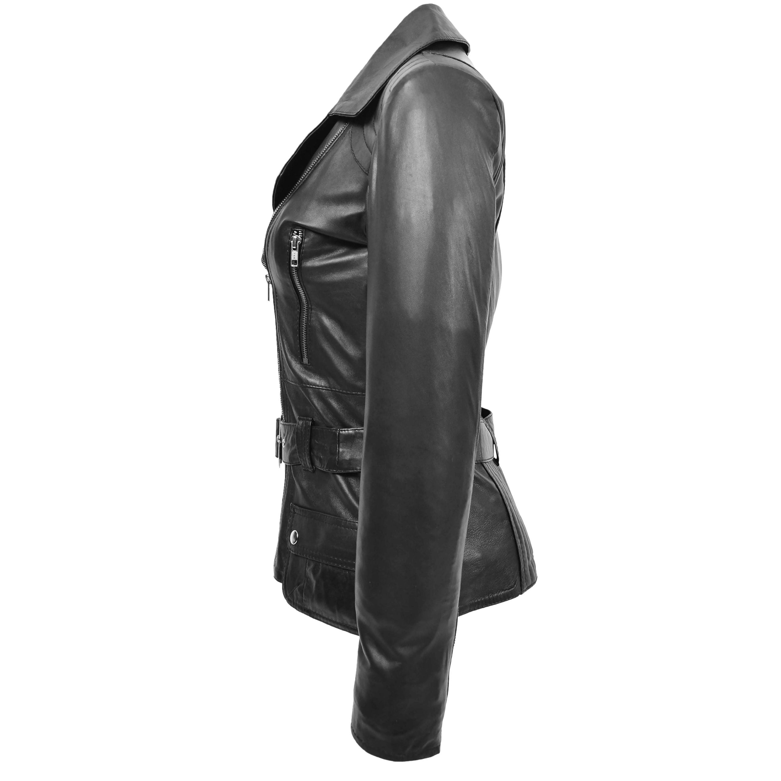 Womens Leather Hip Length Biker Jacket Celia Nova Black