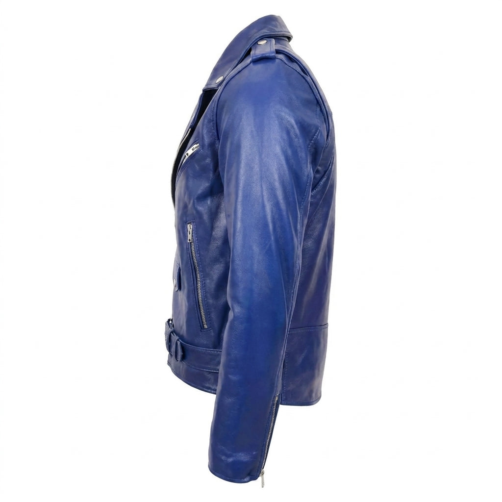 Mens Heavy Duty Leather Biker Brando Jacket Radiant Blue