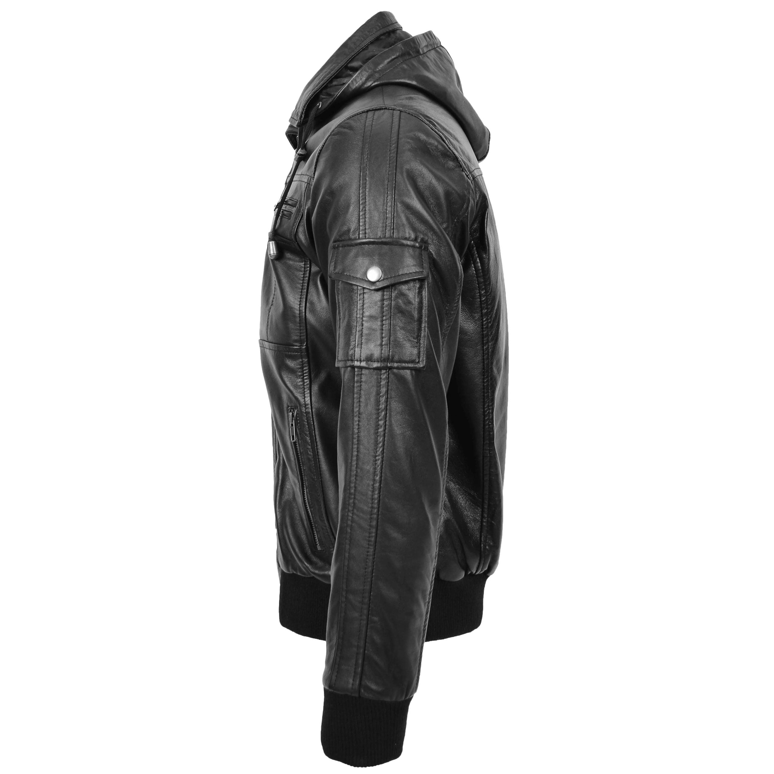 Mens Leather Bomber Jacket with Hoodie Bronx Nova Black