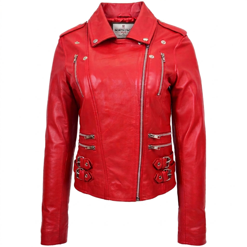 Womens Cross Zip Biker Leather Jacket Cara Ignite Red