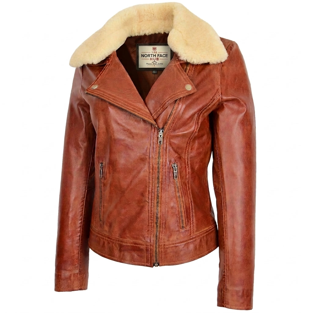 Womens Leather Biker Jacket with Detachable Collar Charmed Chestnut