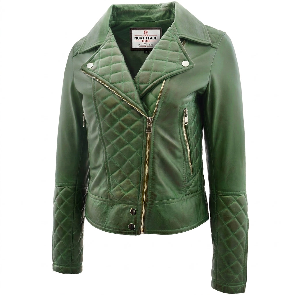 Womens Leather Biker Jacket with Quilt Detail Aurora Green