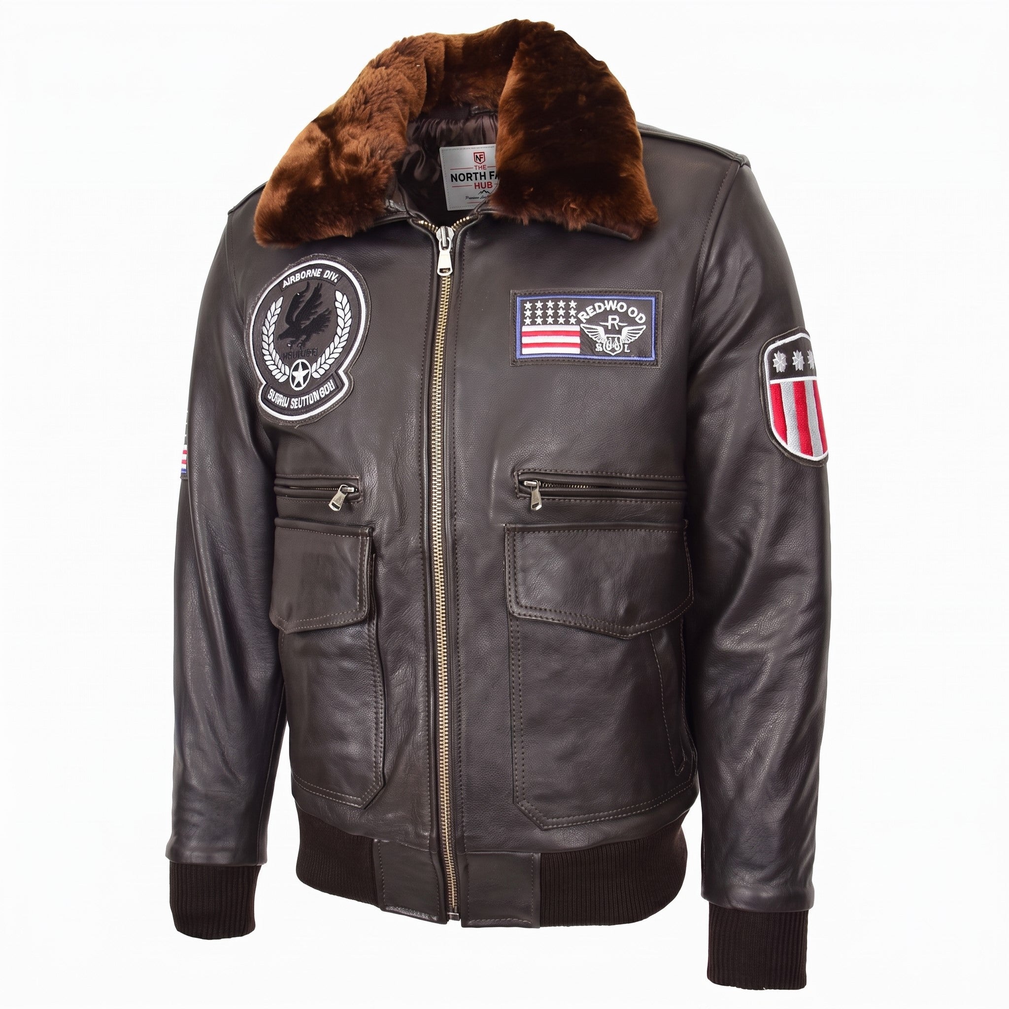 Mens Leather Bomber Jacket with Detachable Collar Arthur Zenith Brown