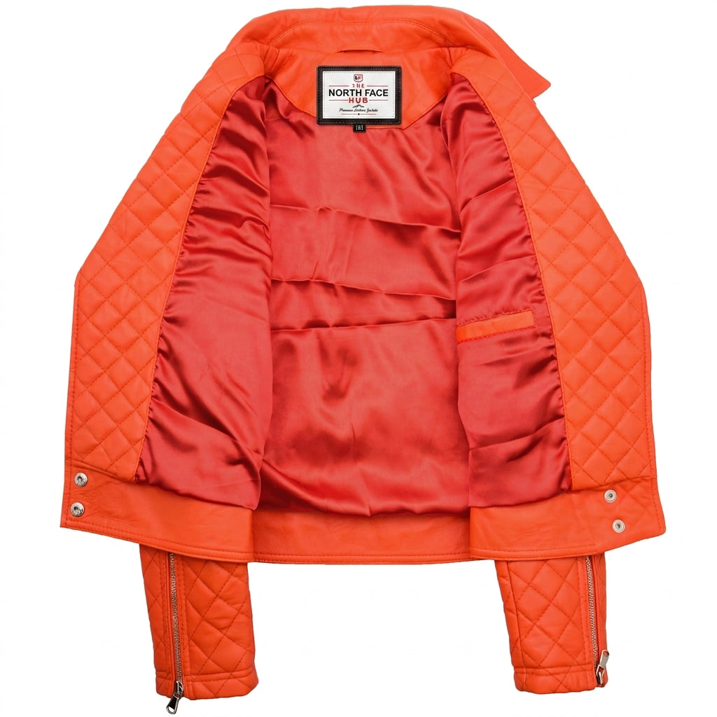 Womens Leather Biker Jacket with Quilt Detail Blissful Orange