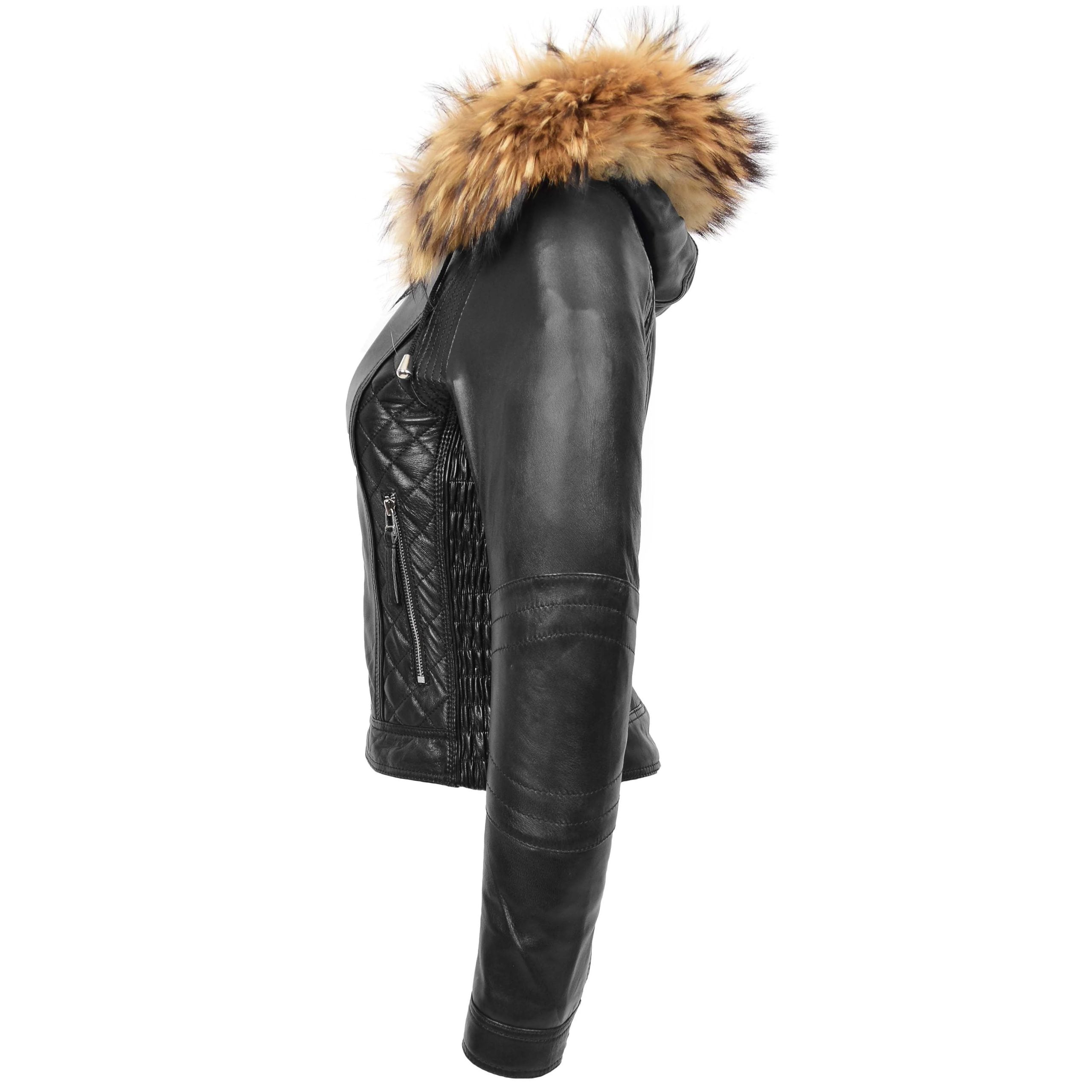 Womens Detachable Hoodie Biker Leather Jacket Lily Nova Black