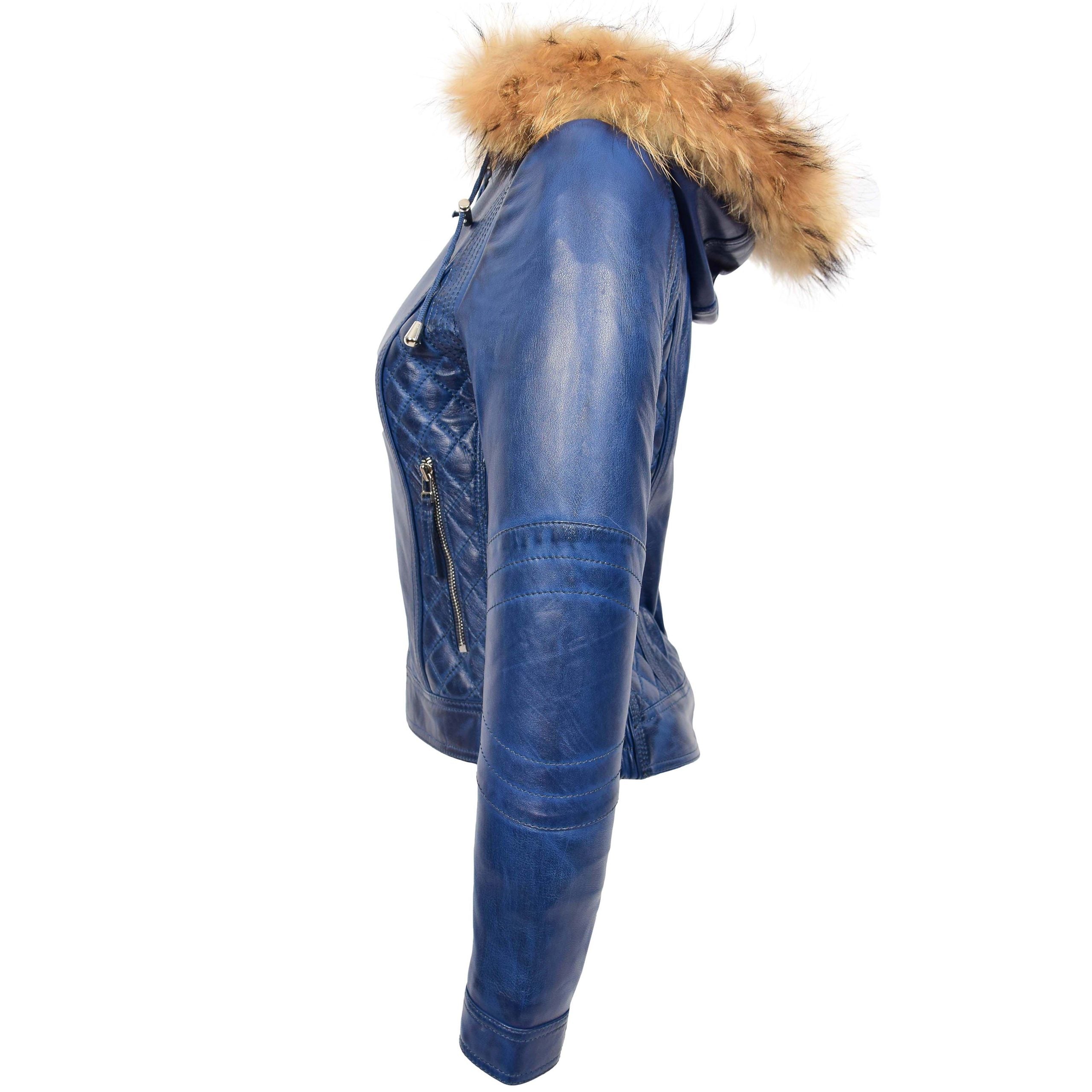 Womens Detachable Hoodie Biker Leather Jacket Lily Radiant Blue