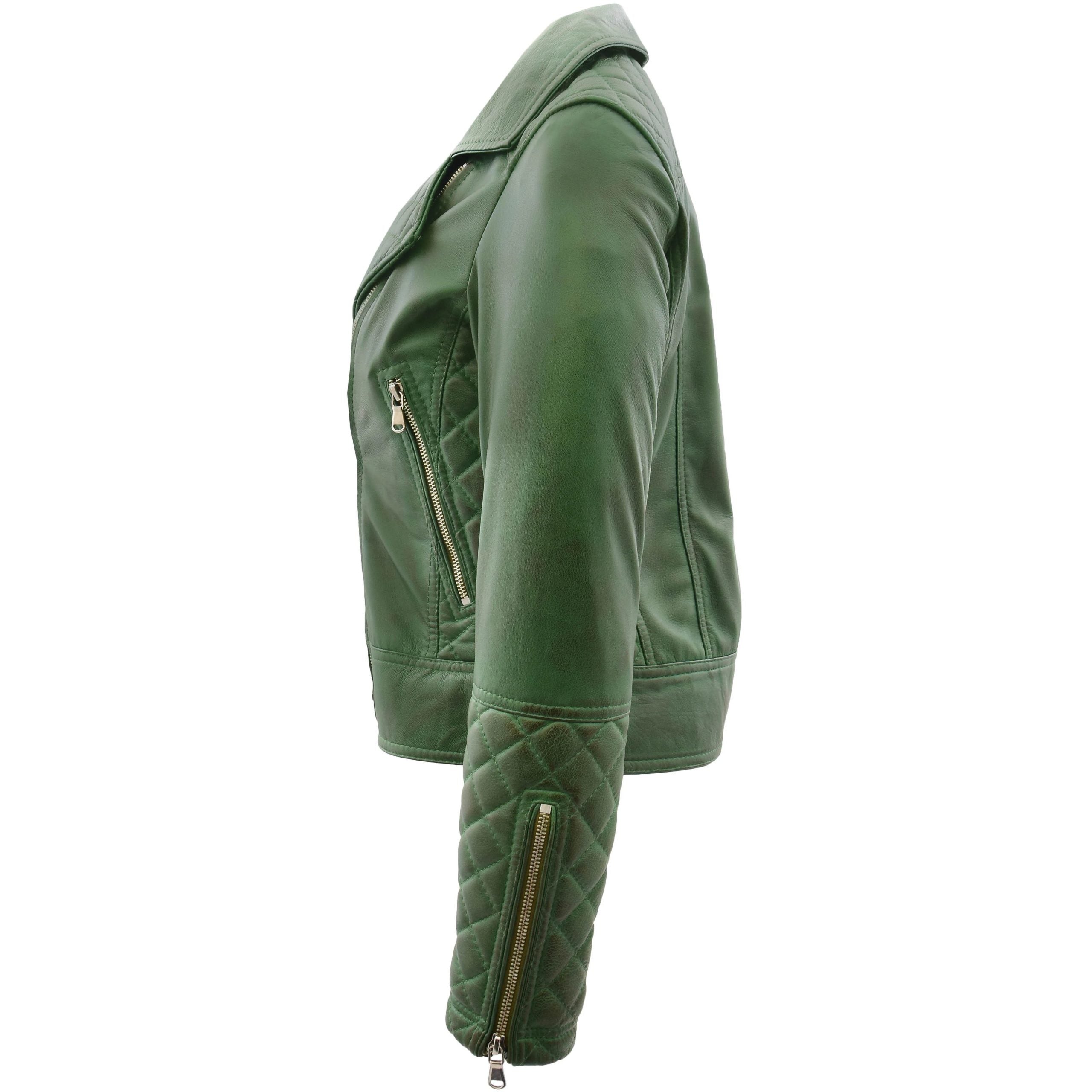 Womens Leather Biker Jacket with Quilt Detail Aurora Green
