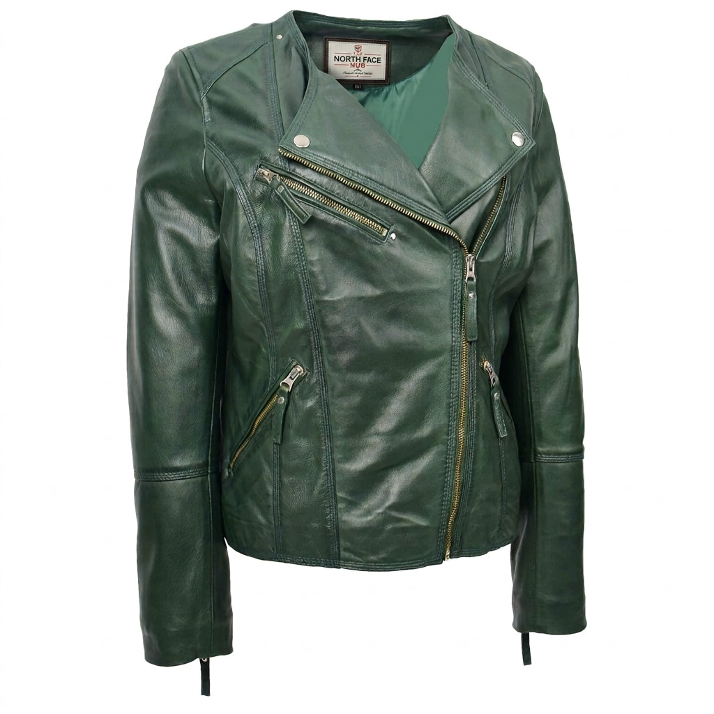 Womens Leather Casual Biker Jacket Shelly Cross Zip Aurora Green