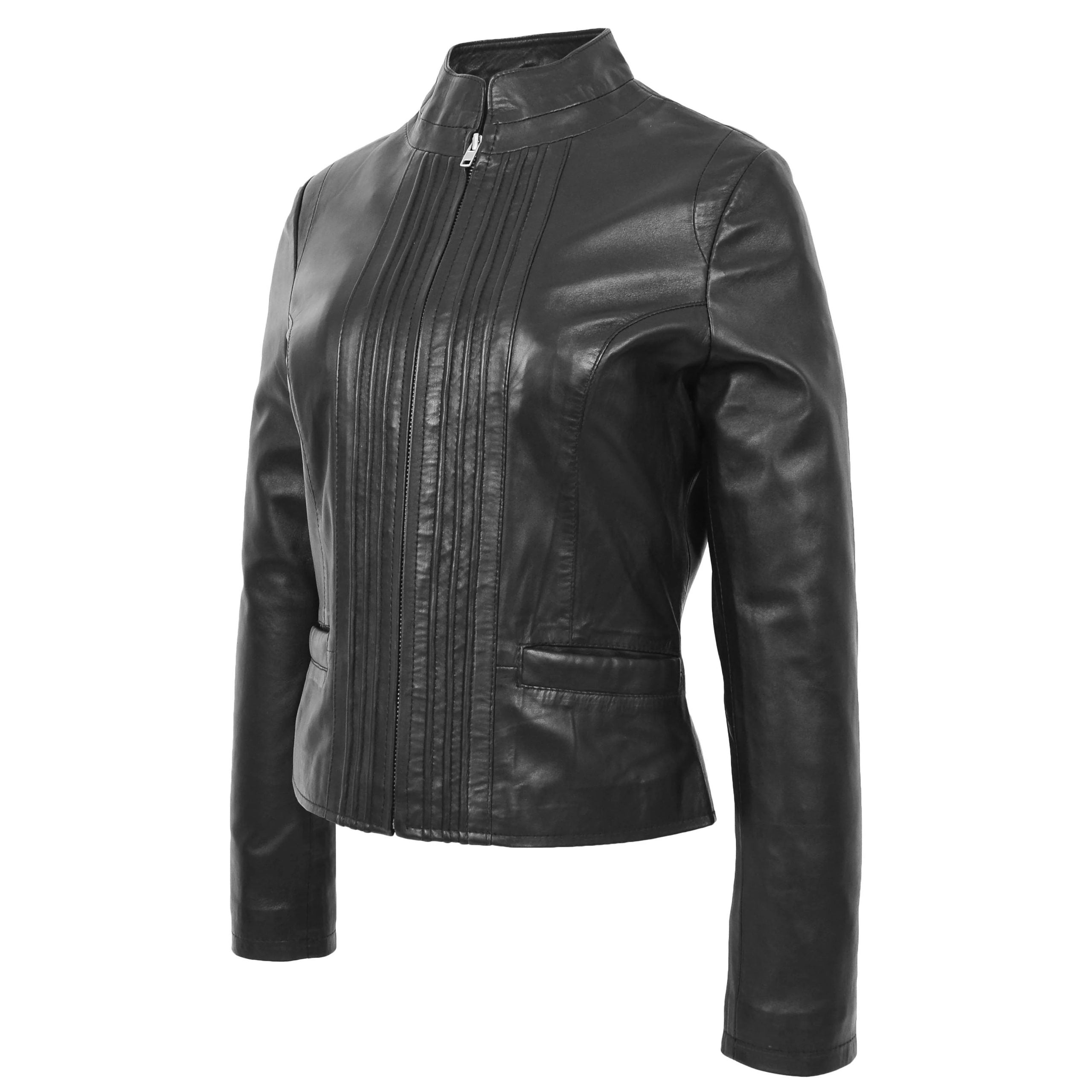 Womens Leather Standing Collar Jacket Becky Nova Black