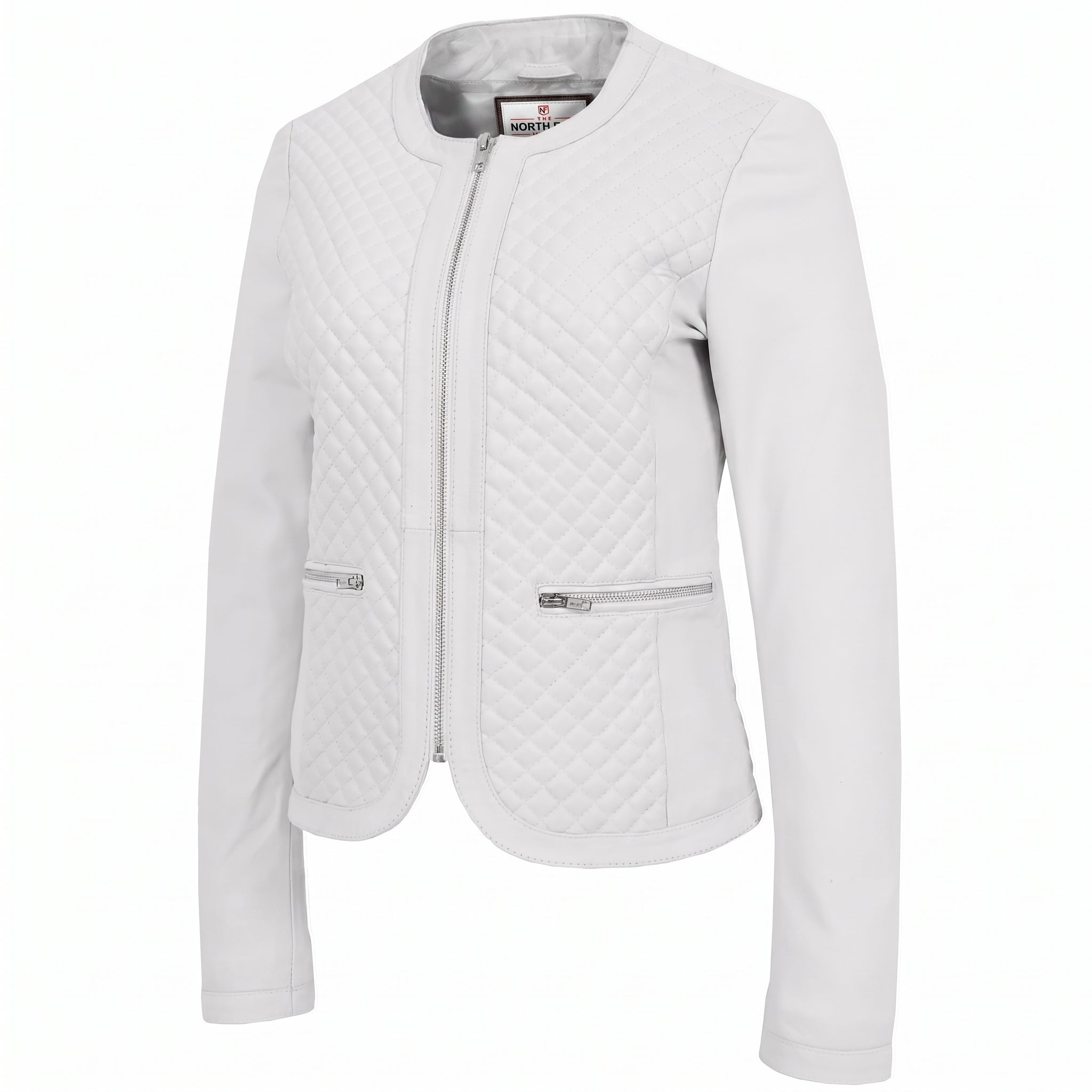Womens Leather Collarless Jacket with Quilt Design Joan Astral White