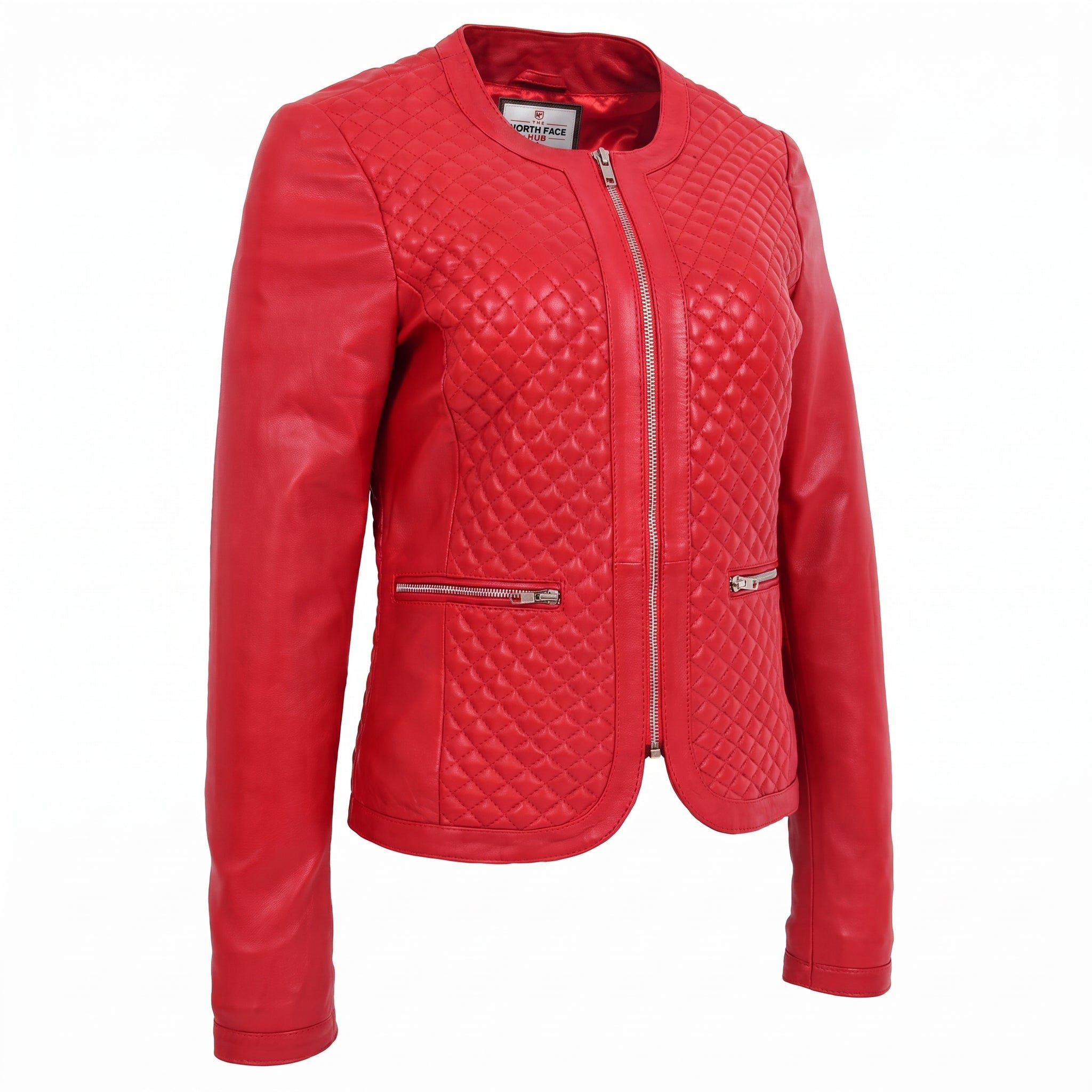 Womens Leather Collarless Jacket with Quilt Design Joan Ignite Red