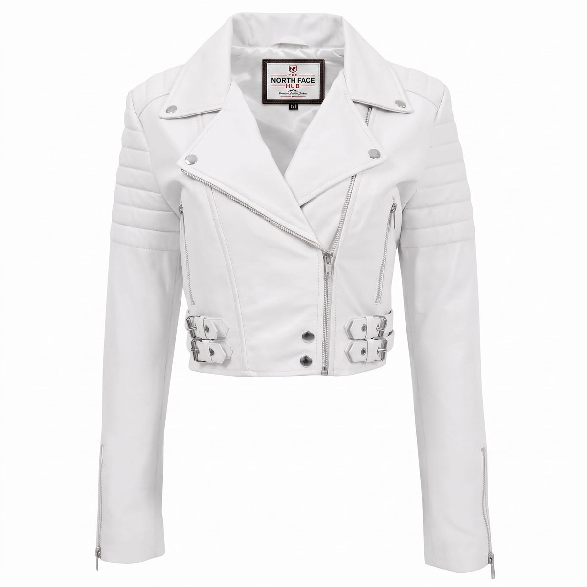 Womens Leather Cropped Biker Style Jacket Demi Astral White