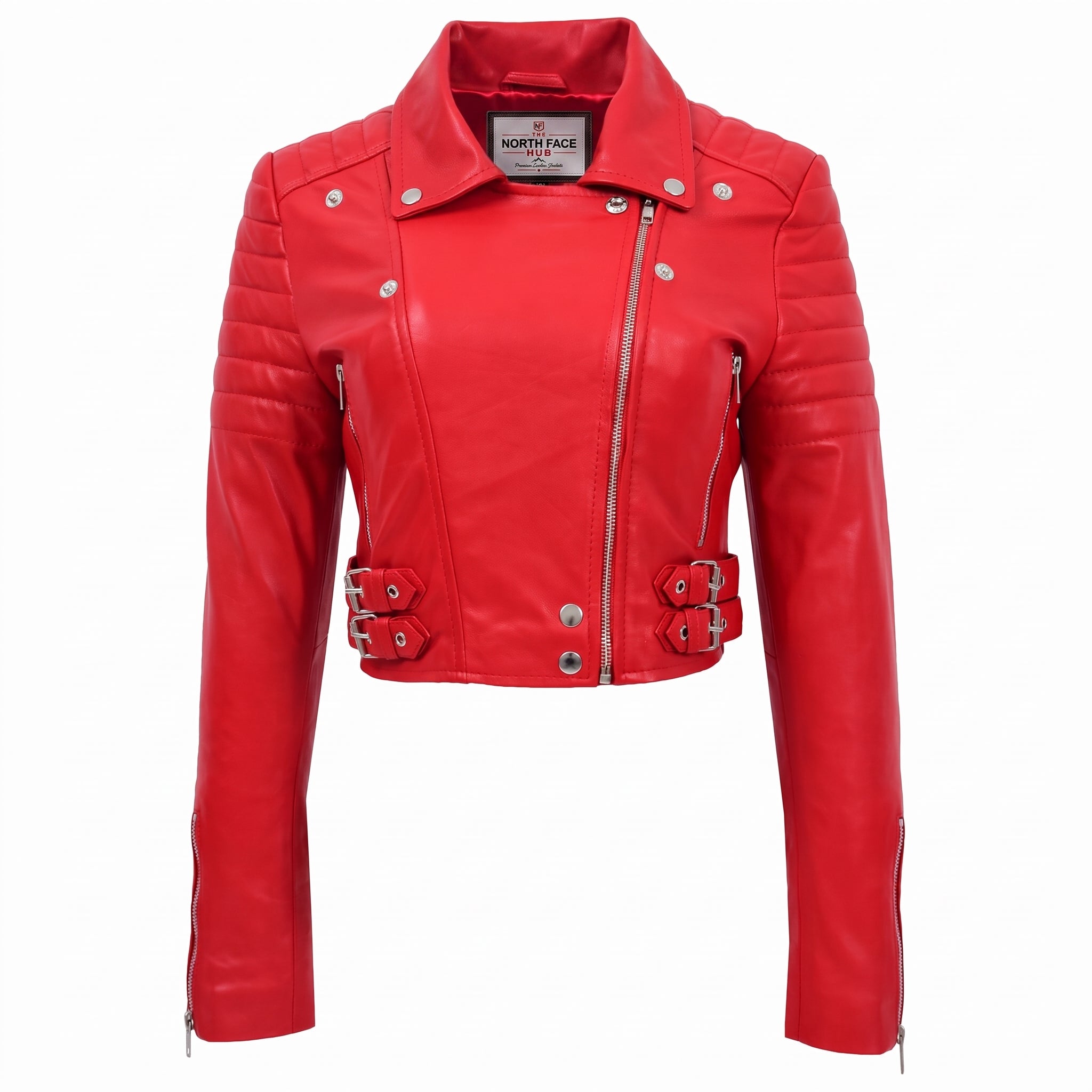 Womens Leather Cropped Biker Style Jacket Demi Ignite Red