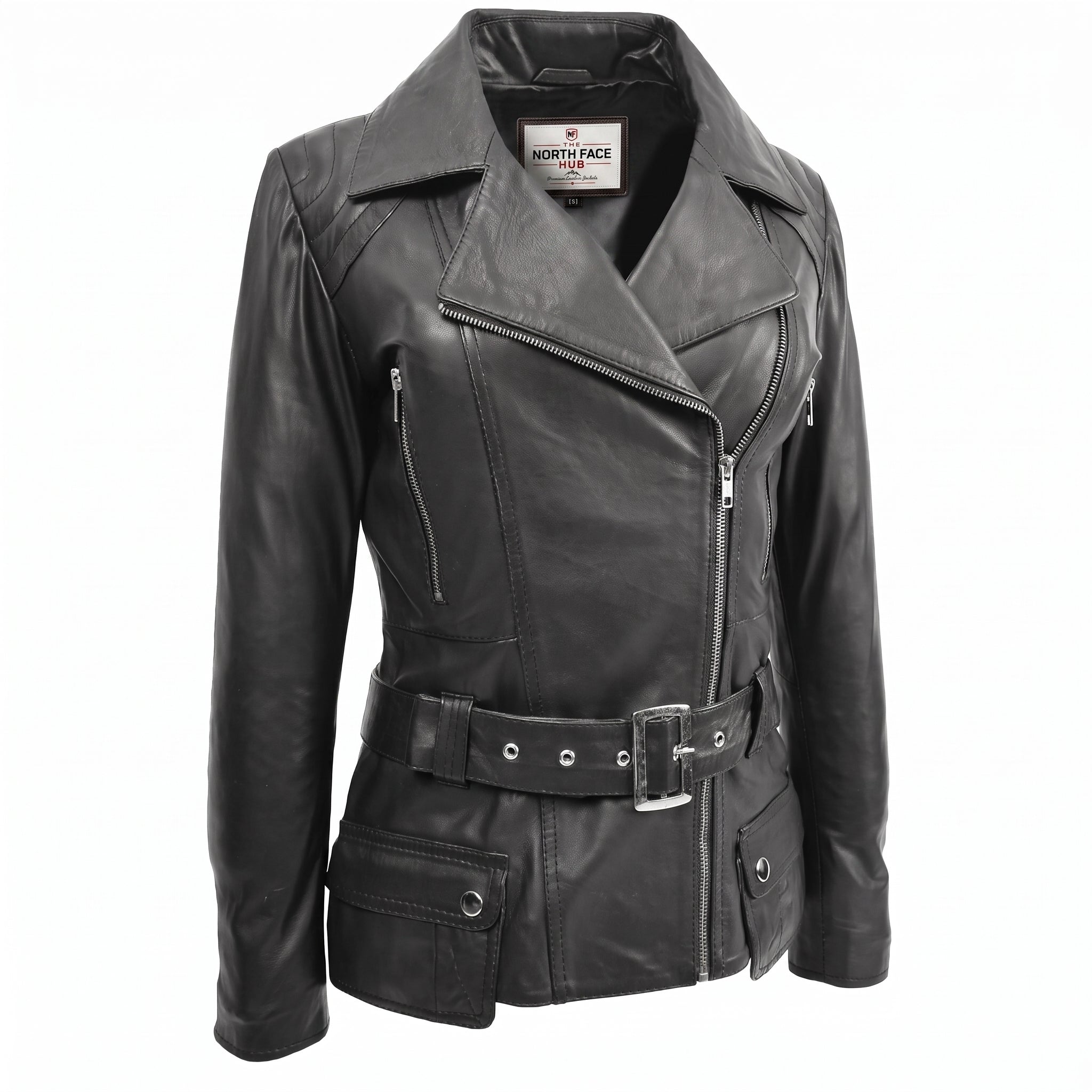 Womens Leather Hip Length Biker Jacket Celia Nova Black
