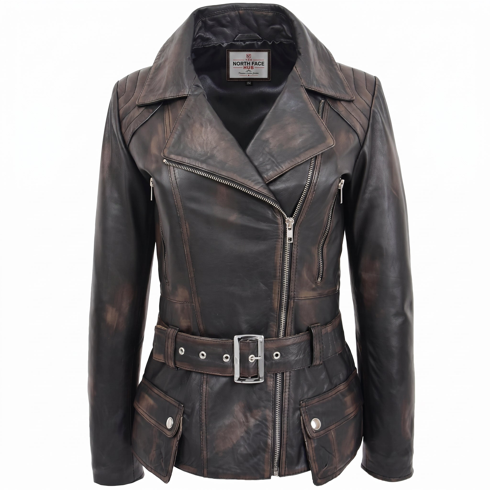 Womens Leather Hip Length Biker Jacket Celia Paradox Rub Off