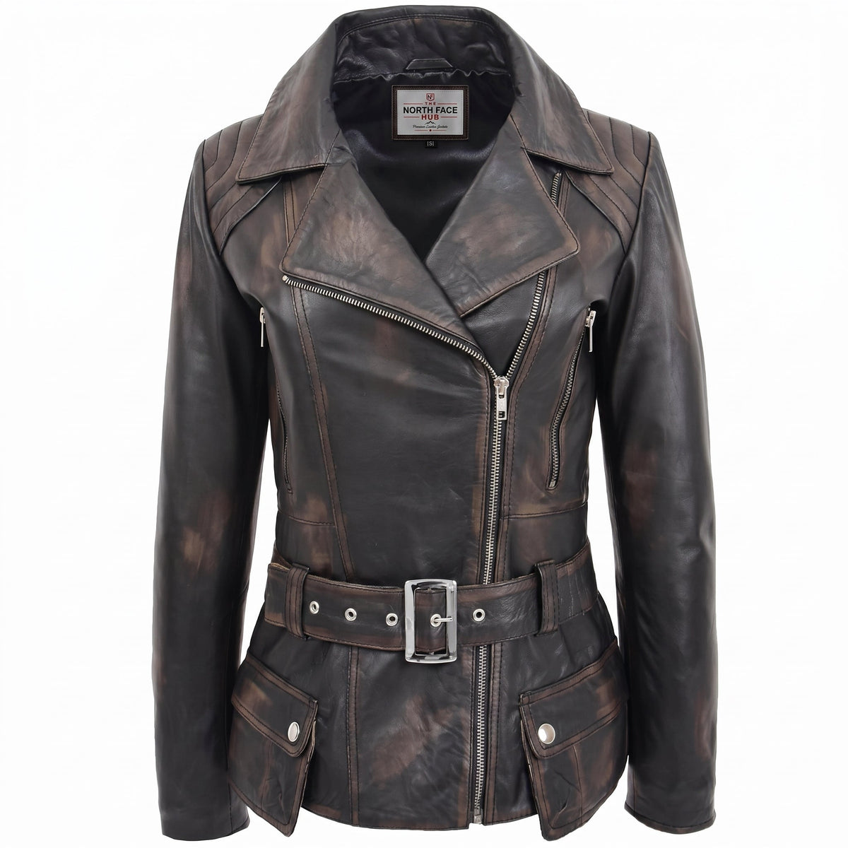 Womens Leather Hip Length Biker Jacket Celia Paradox Rub Off