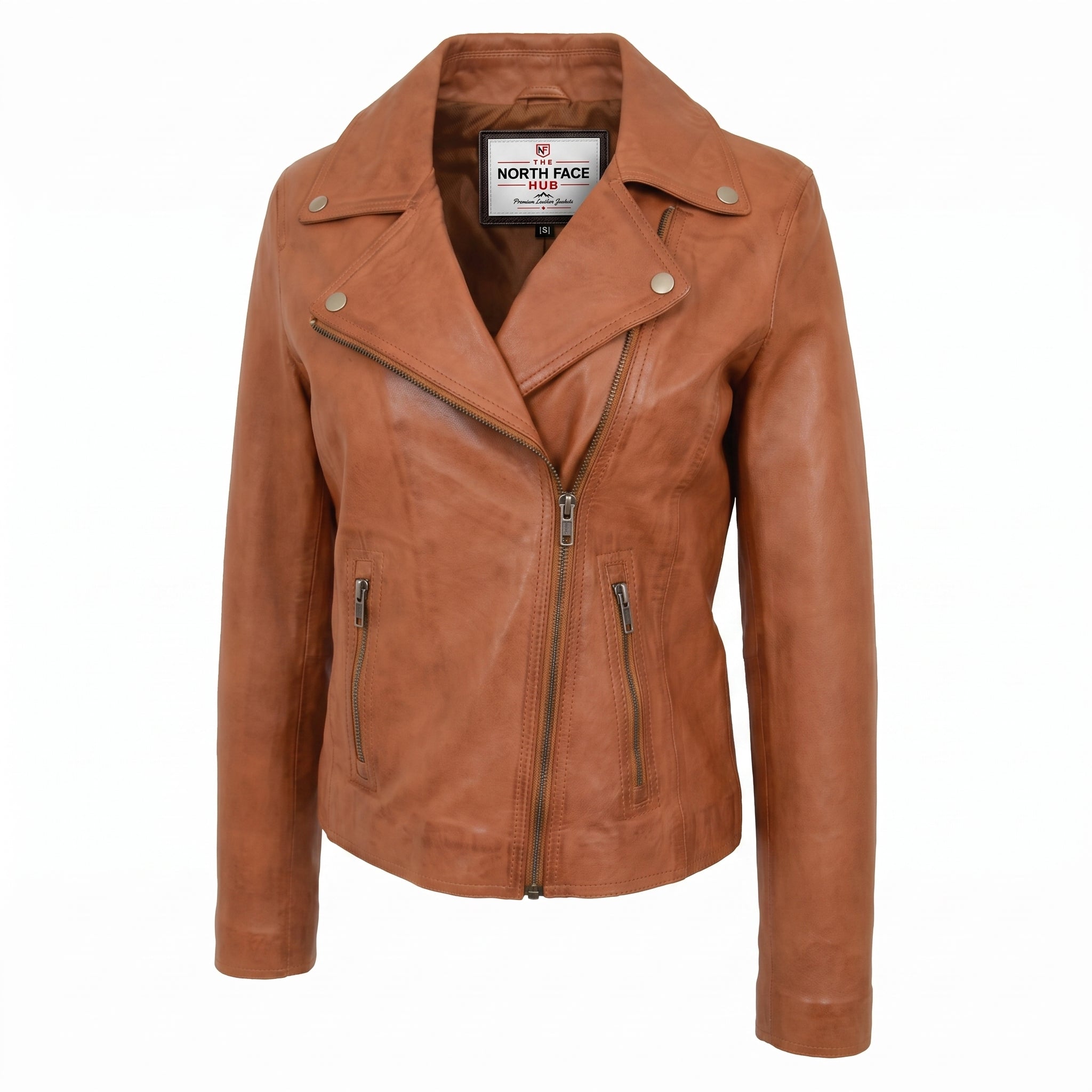 Womens Soft Leather Cross Zip Biker Jacket Lola Dynamo Tan