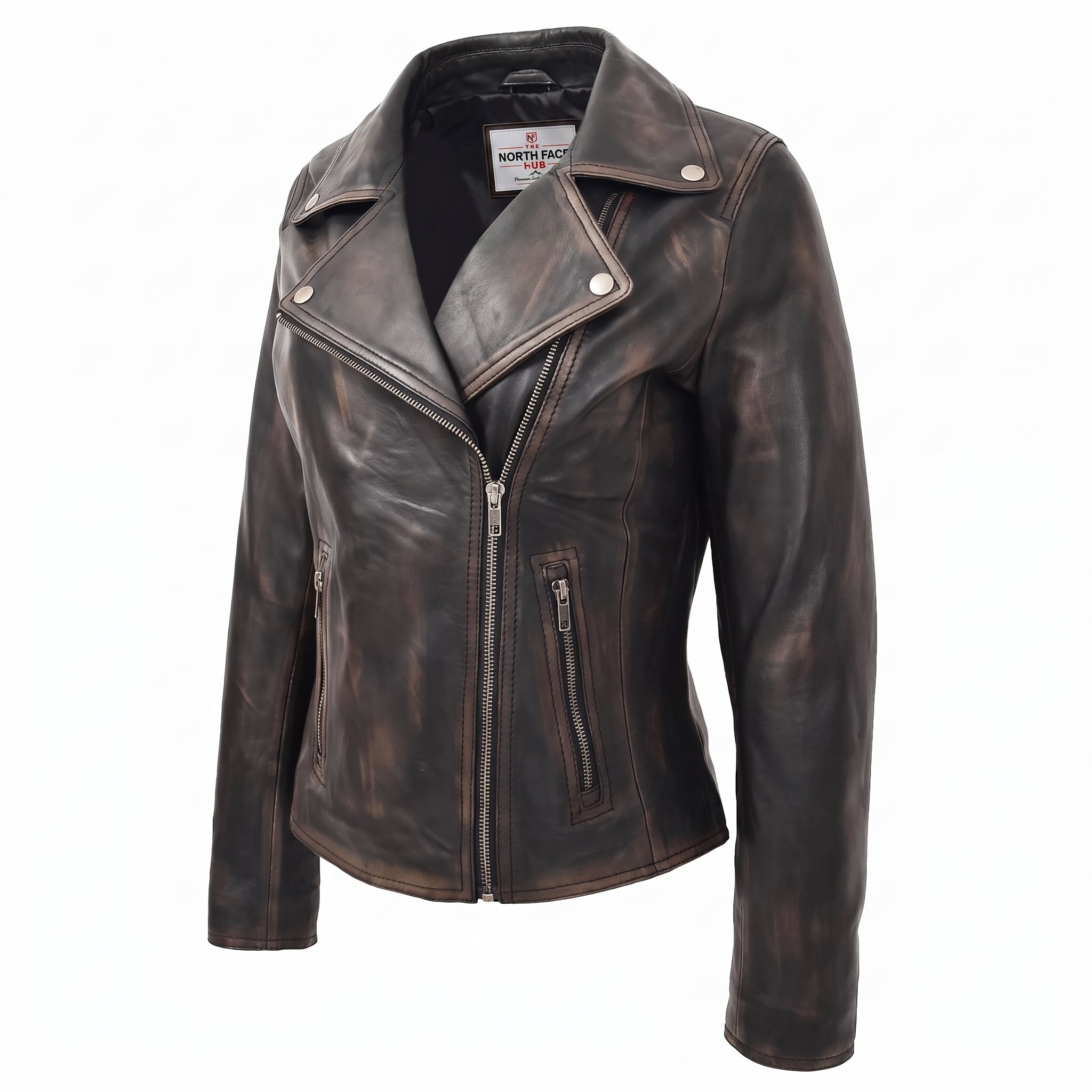 Womens Soft Leather Cross Zip Biker Jacket Lola Vintage Nova Black
