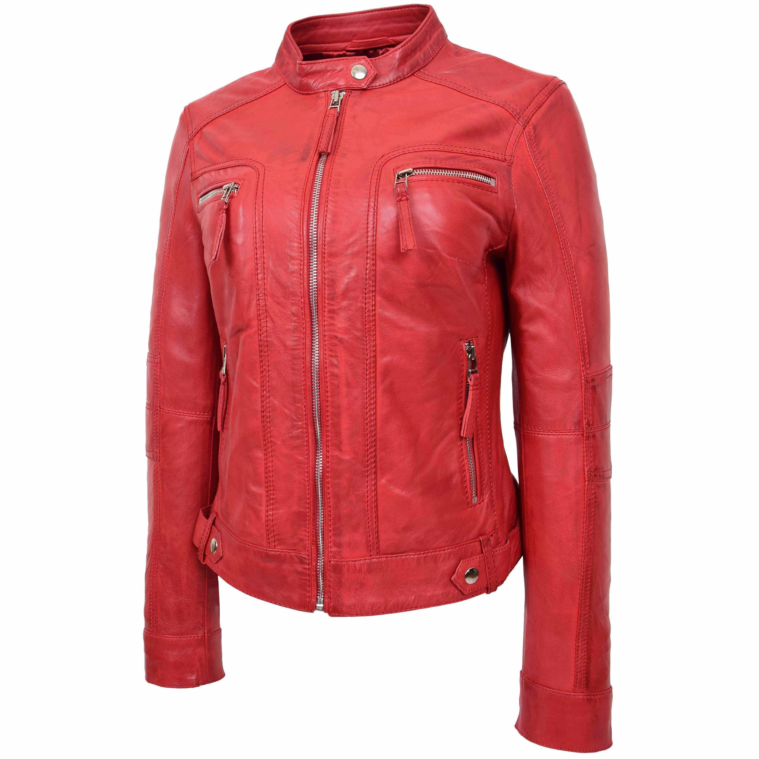 Womens Real Leather Biker Jacket Casual Style Annie Ignite Red