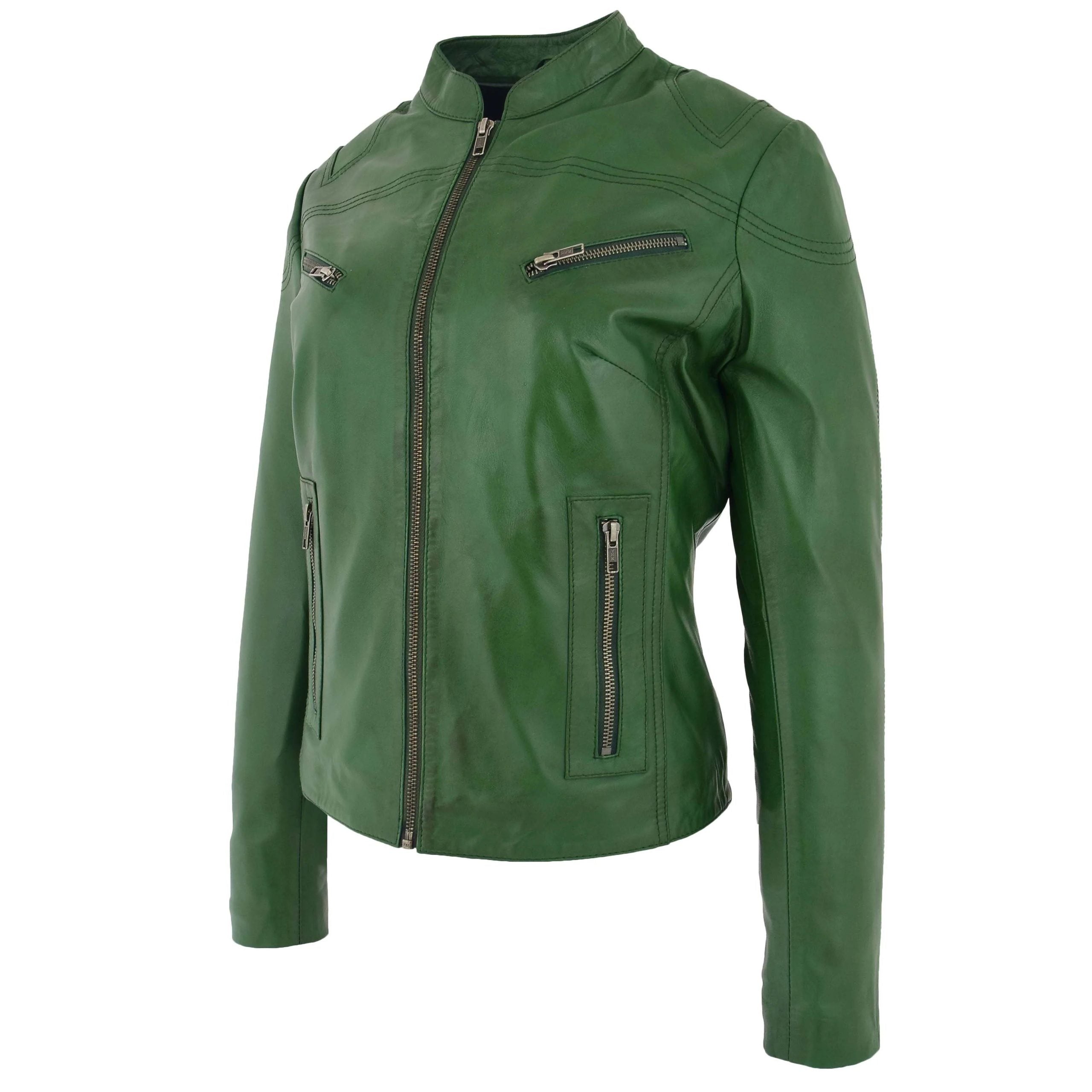 Womens Leather Standing Collar Jacket Becky Aurora Green