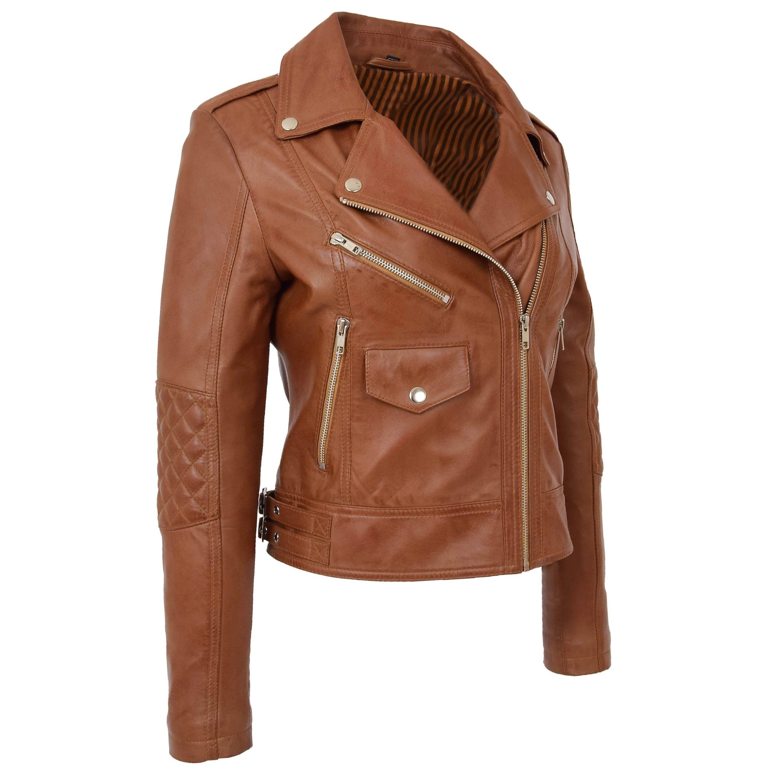 Womens Real Leather Biker Cross Zip Fashion Jacket Remi Dynamo Tan