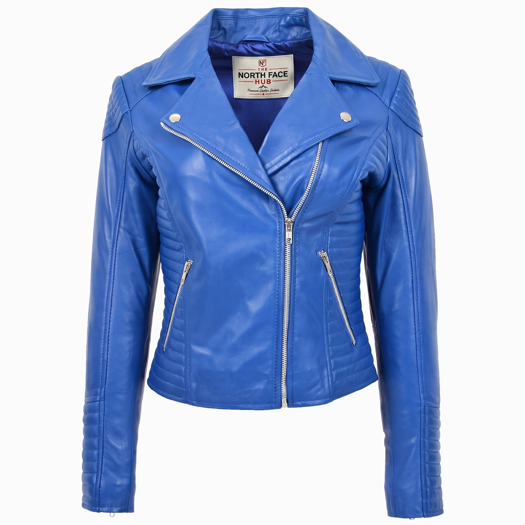 Womens Soft Leather Cross Zip Biker Jacket Anna Radiant Blue