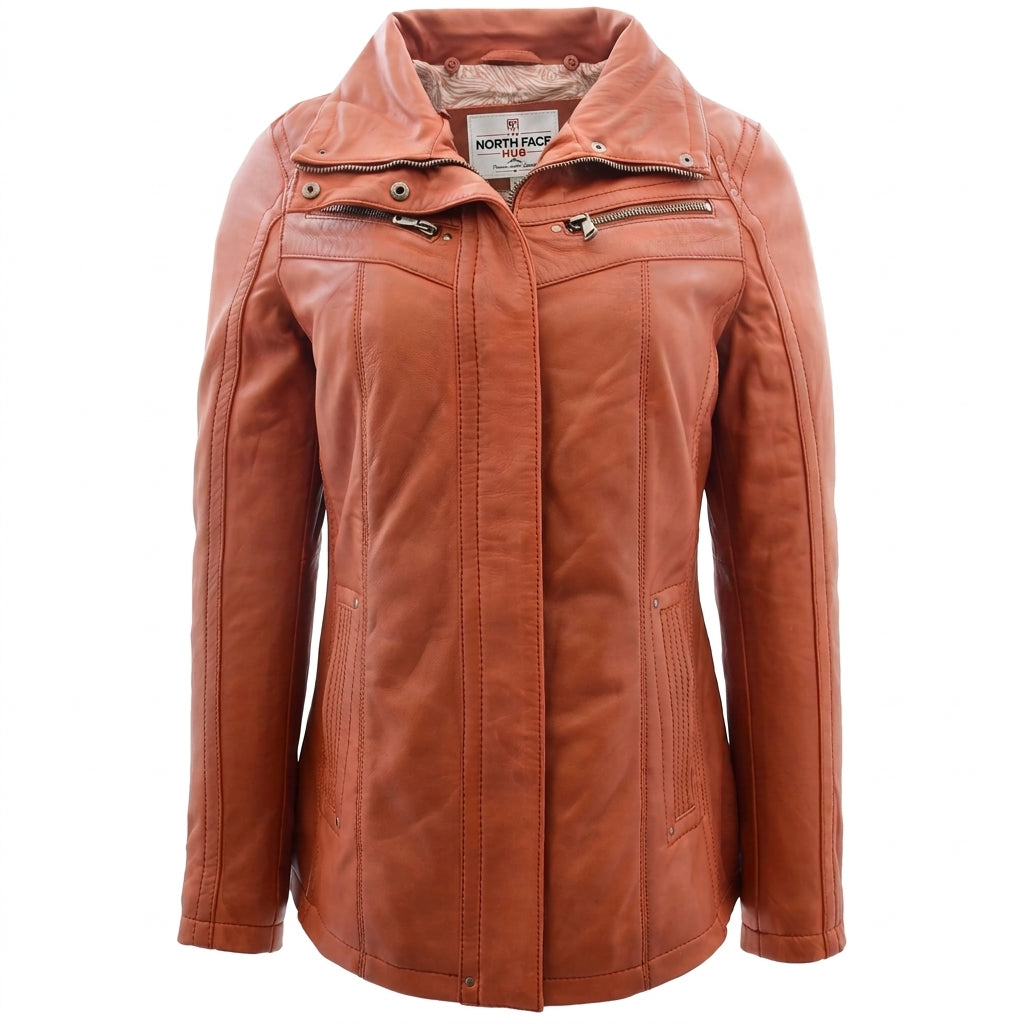 Womens Leather Jacket with Detachable Collar Dalia Clestial Cognac
