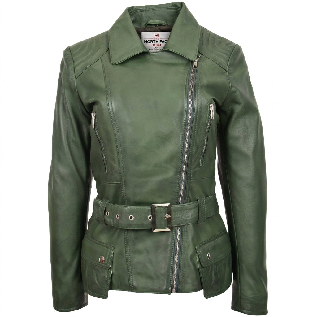 Womens Leather Hip Length Biker Jacket Celia Aurora Green