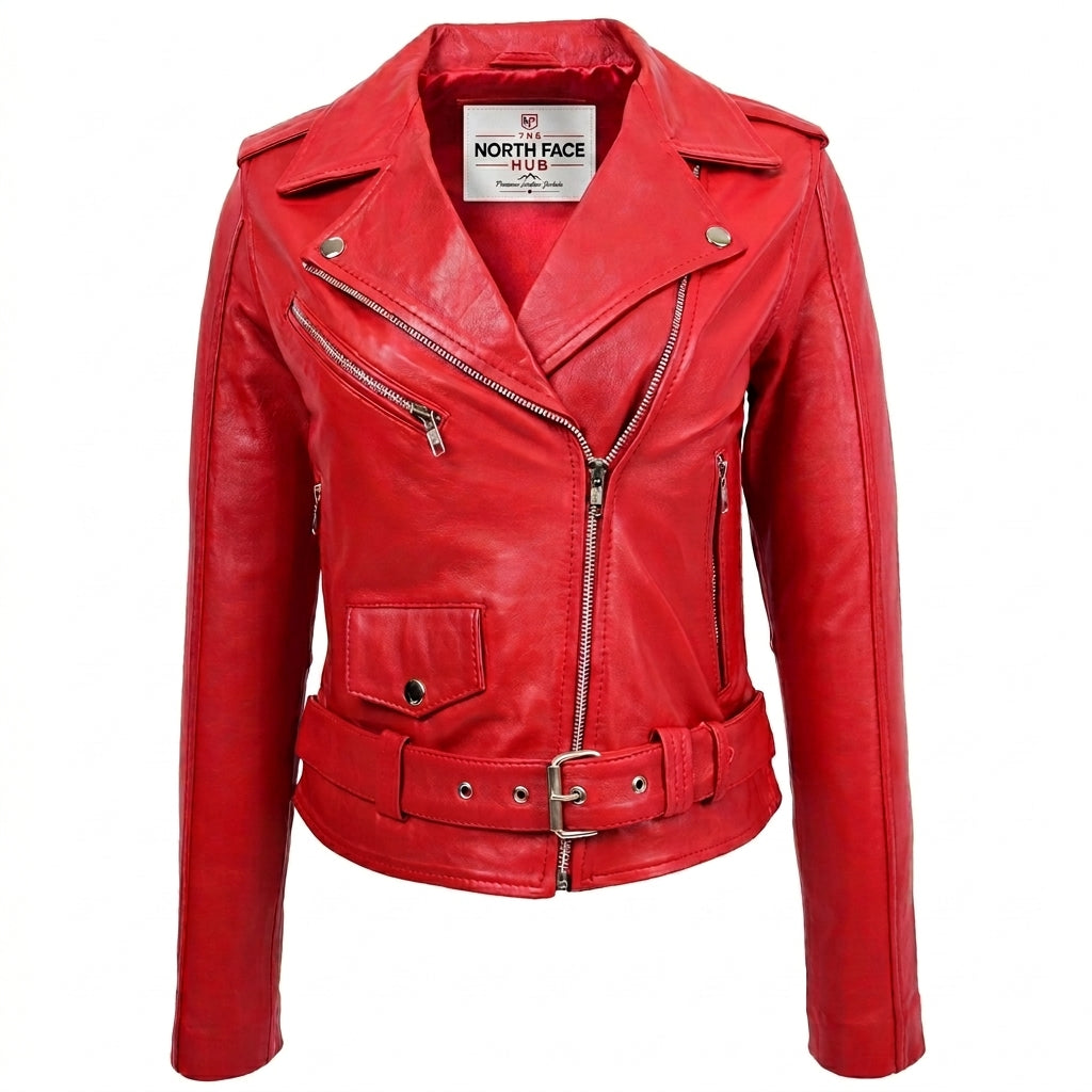 Womens Real Leather Biker Brando Style Jacket Mia Ignite Red