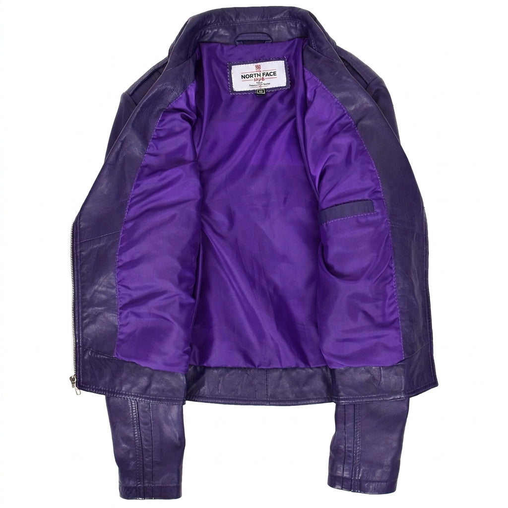 Womens Real Leather Biker Cross Zip Fashion Jacket Remi Whisper Purple