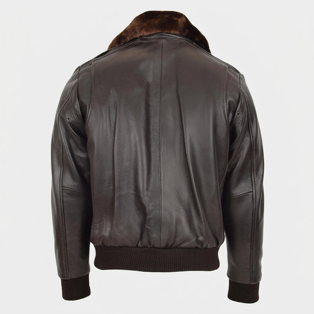 Mens Leather Bomber Pilot Jacket Removable Collar Leroy Zenith Brown