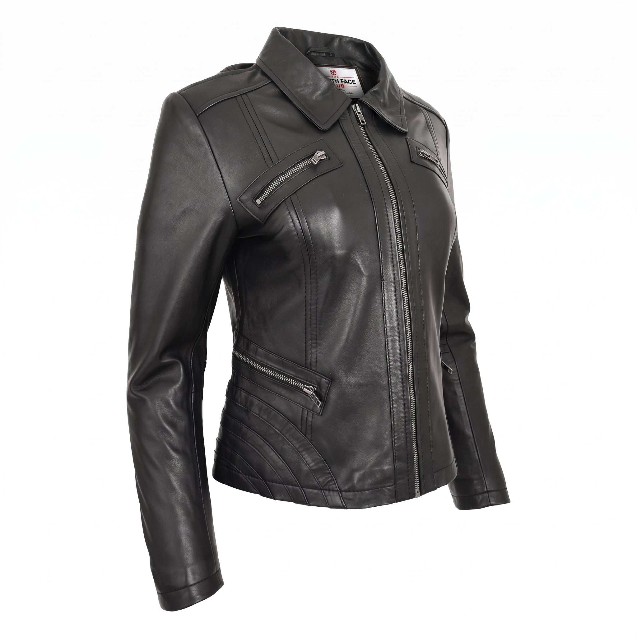 Womens Classic Leather Biker Zip Box Jacket Nova Black