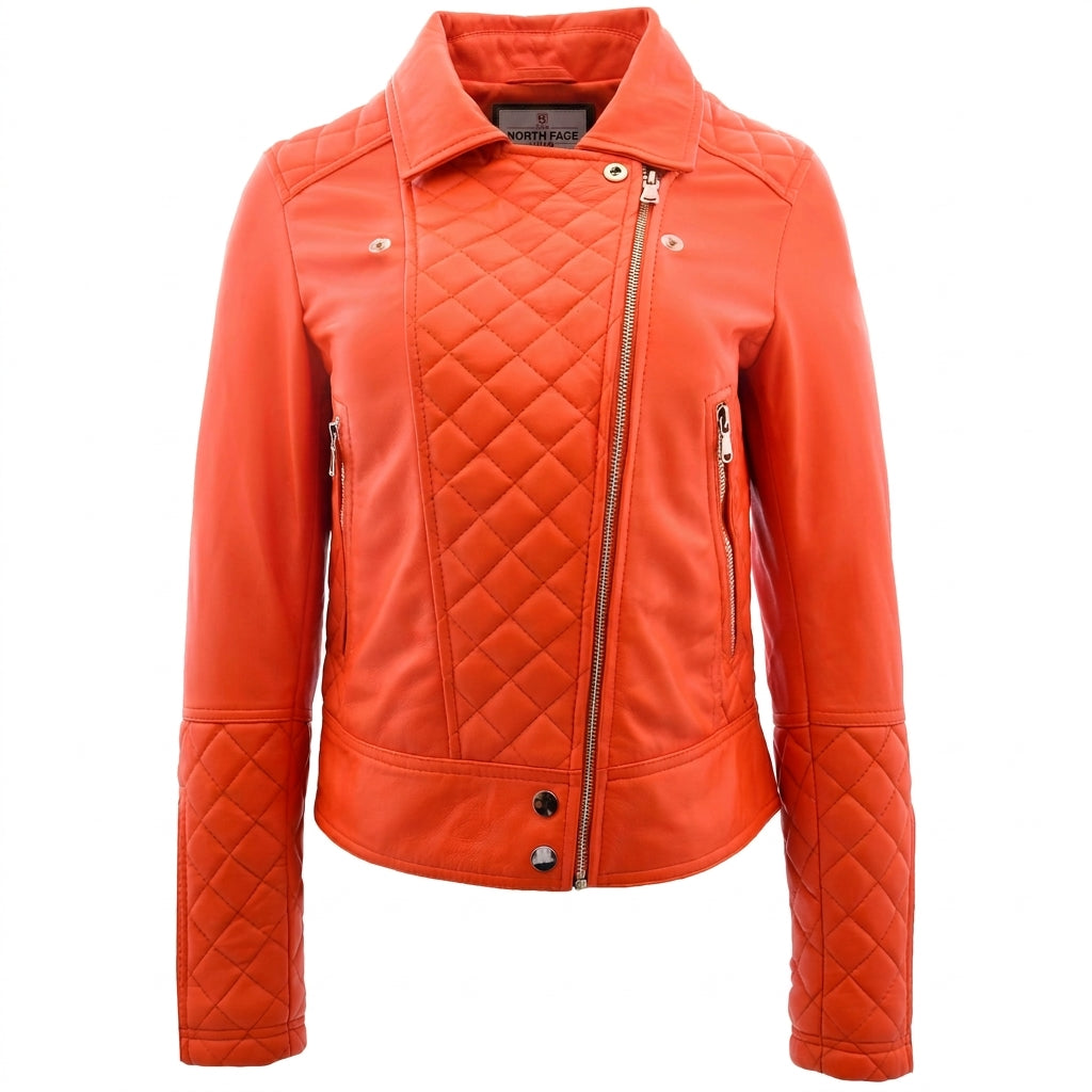 Womens Leather Biker Jacket with Quilt Detail Blissful Orange